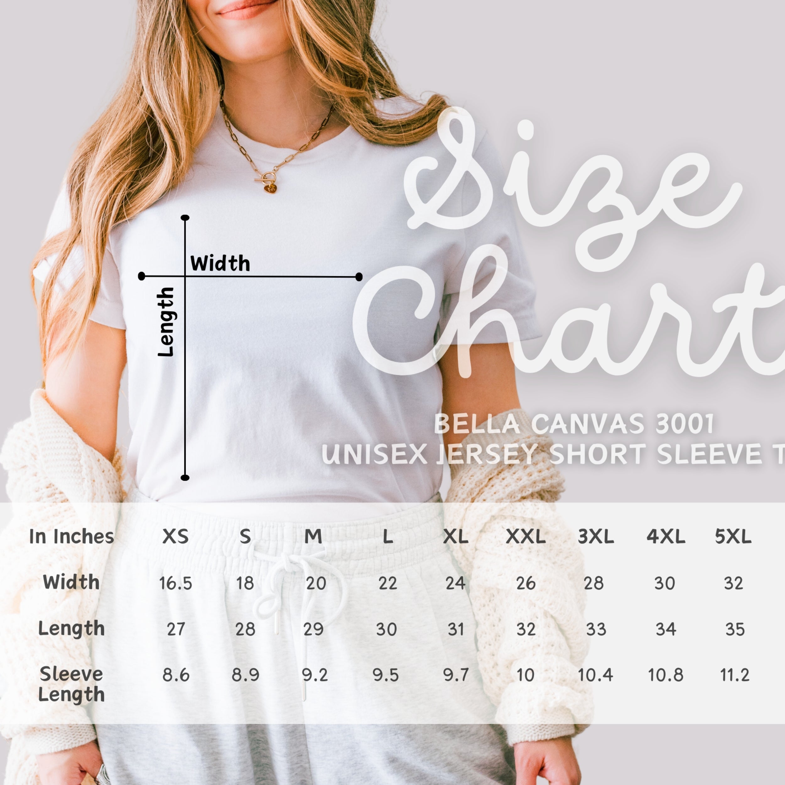Bella Canvas 3001 unisex t-shirt size chart with width and length measurements.