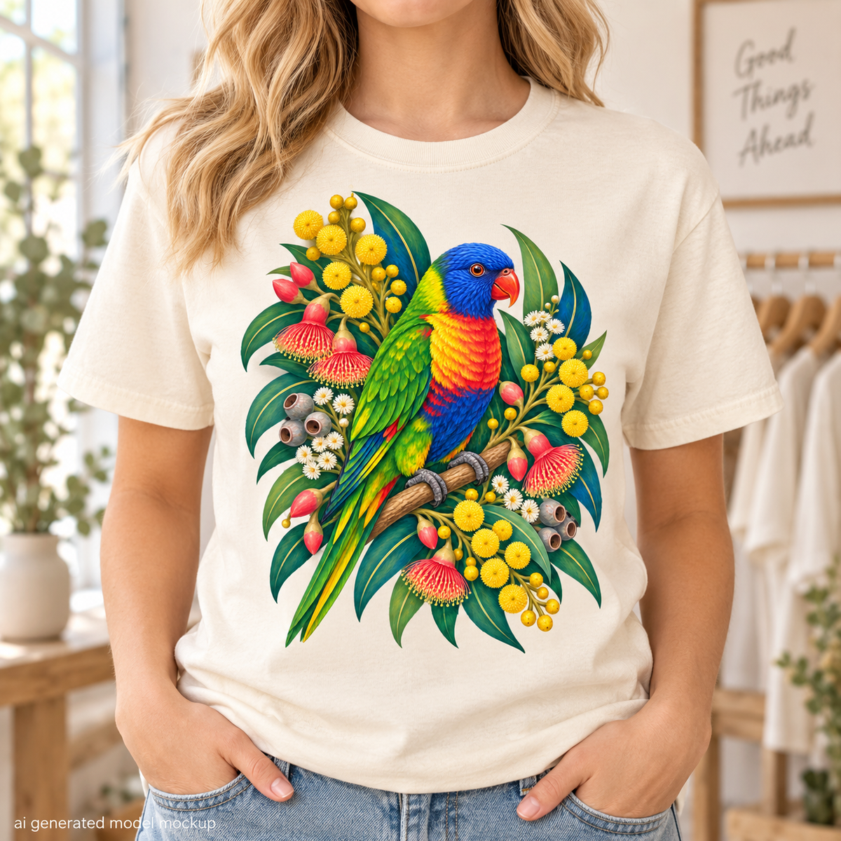 Rainbow lorikeet perched on a branch with Australian native flowers on a cream t-shirt.