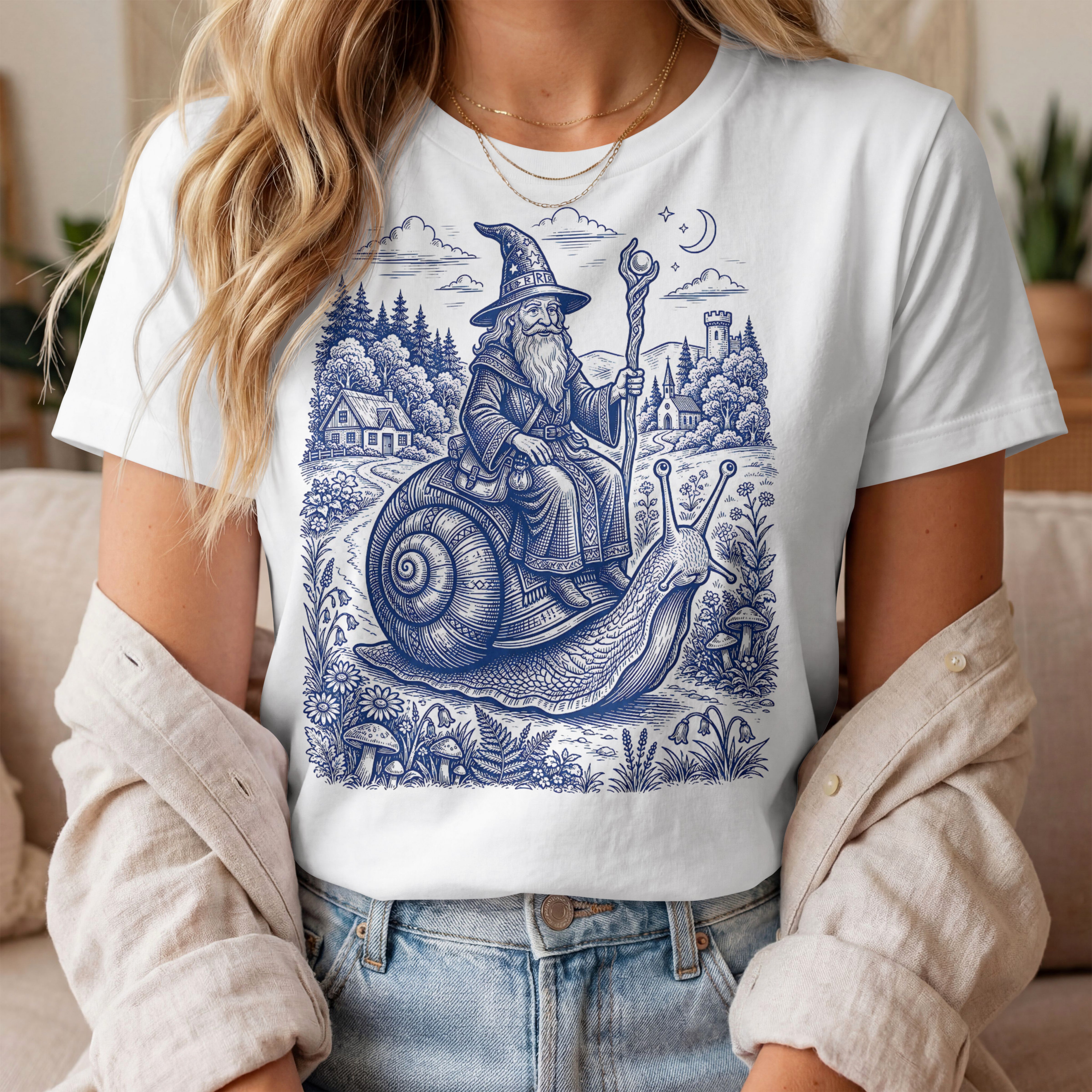 Wizard riding a snail through a whimsical forest landscape with castle.