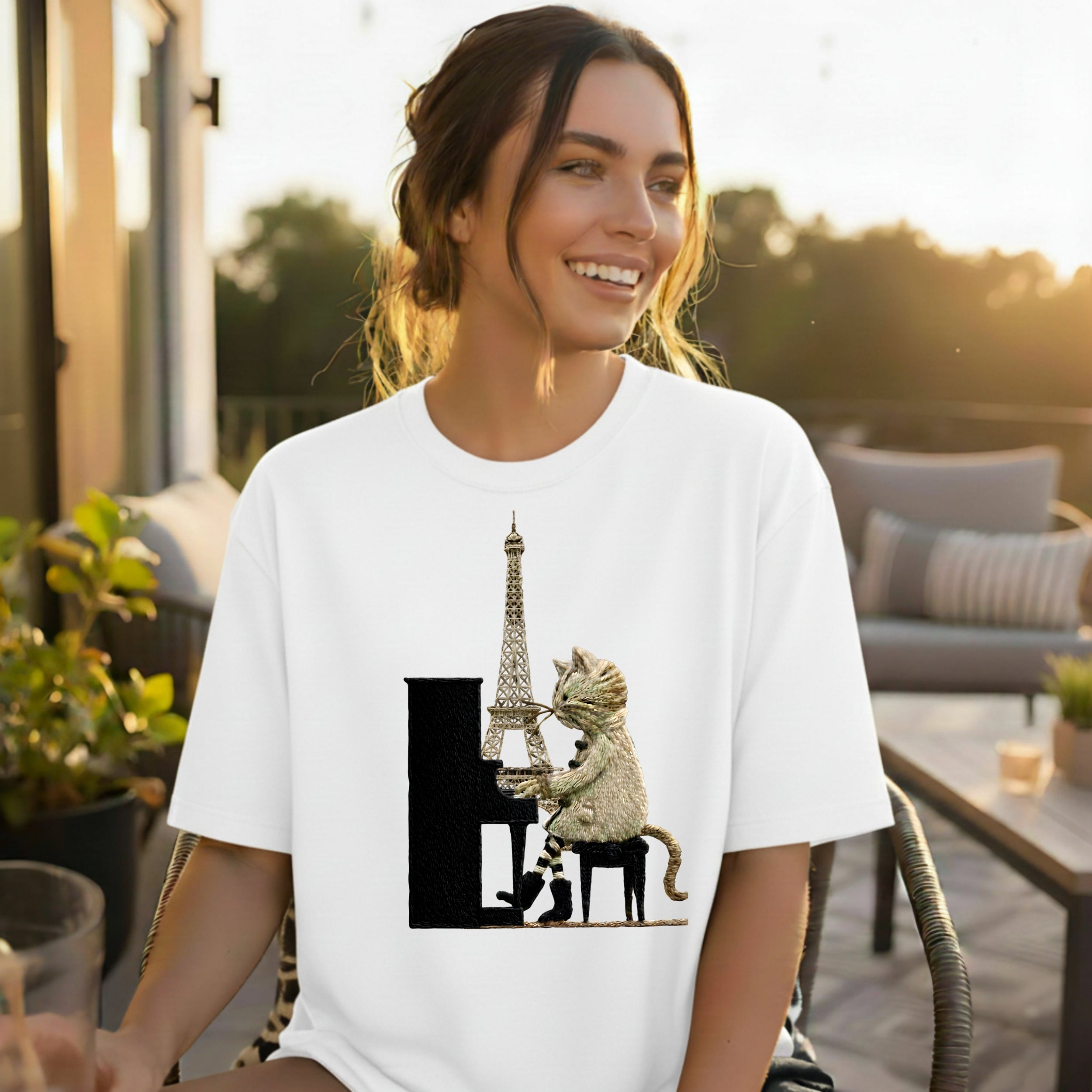 Cat Playing Piano in Paris Graphic T-Shirt Fun Gift