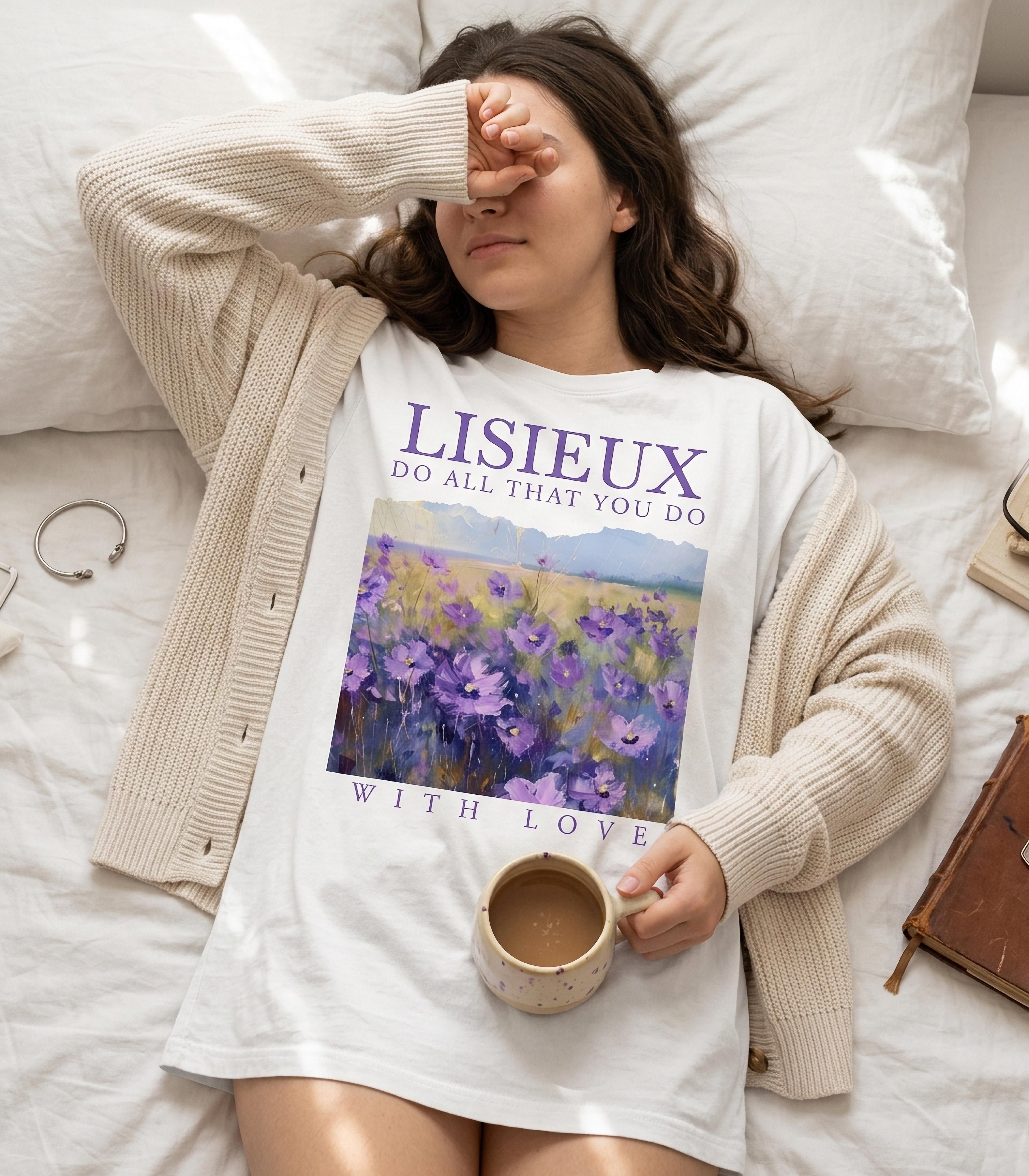 White t-shirt with "LISIEUX do all that you do WITH LOVE" and lavender field graphic.