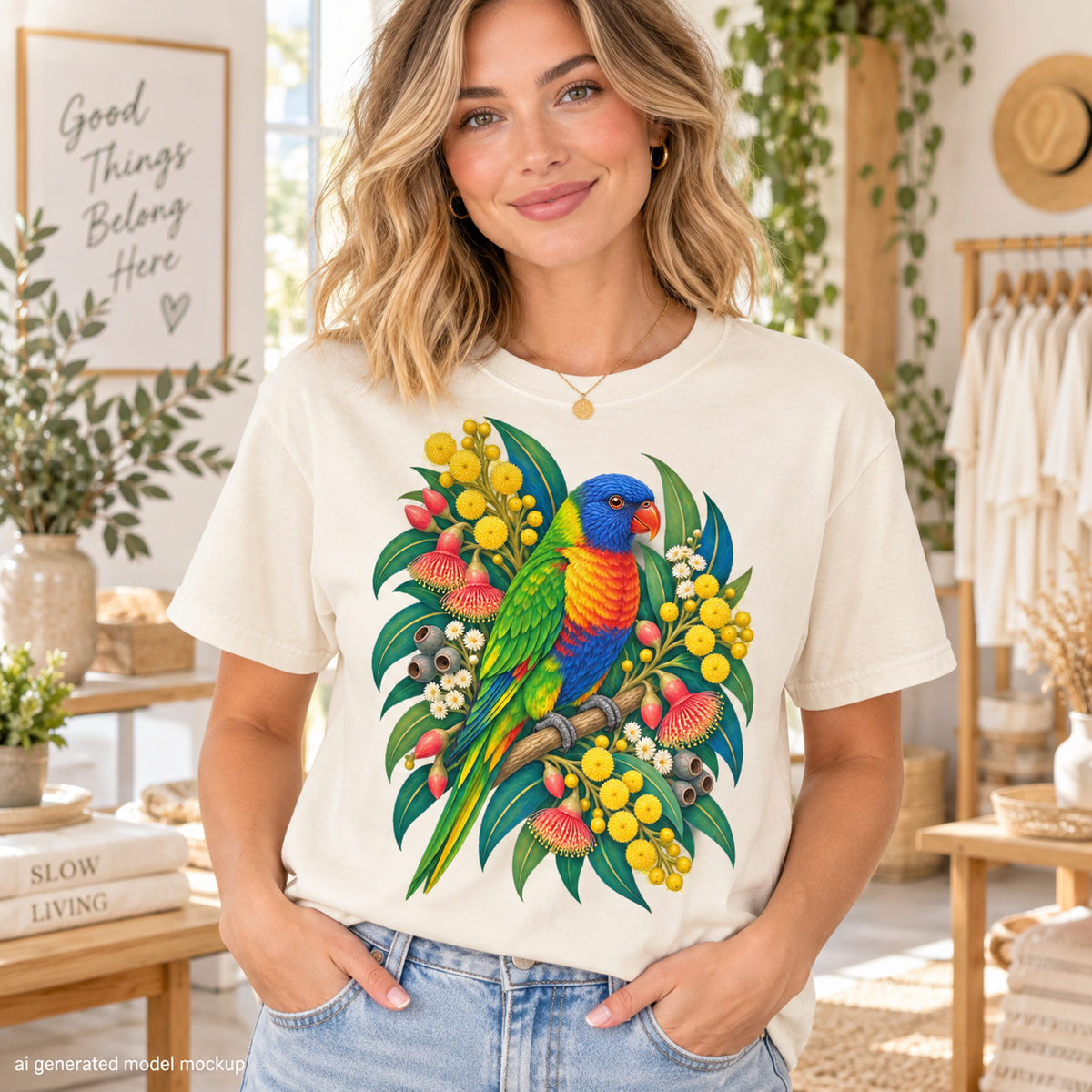 T-shirt with a colorful lorikeet perched on a branch surrounded by native Australian flowers and foliage.