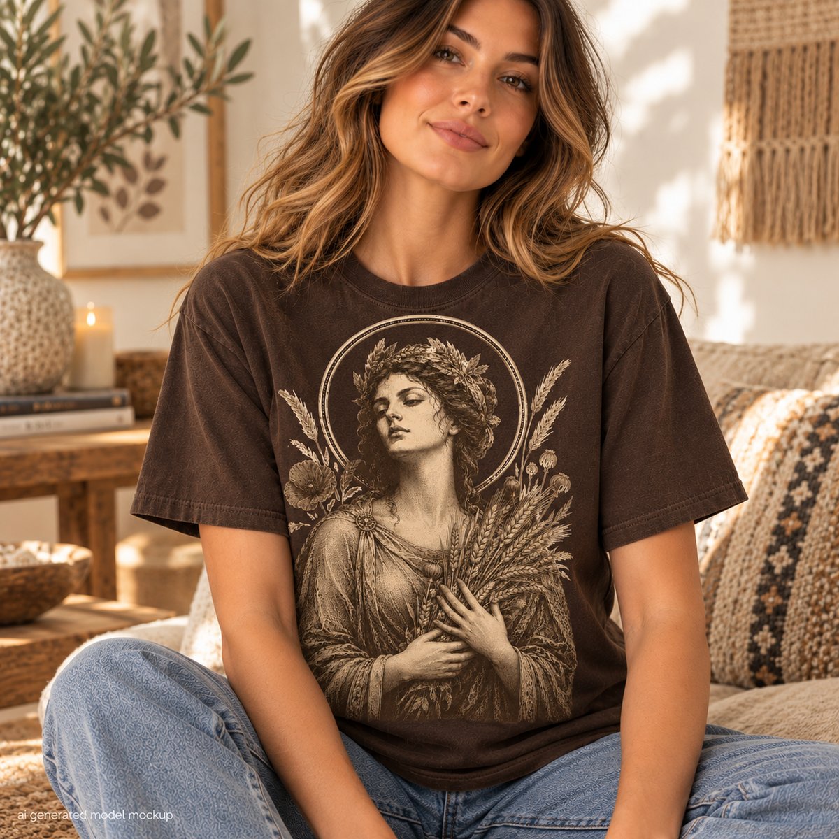 Brown t-shirt with vintage artwork of a woman wearing a laurel wreath and holding wheat.