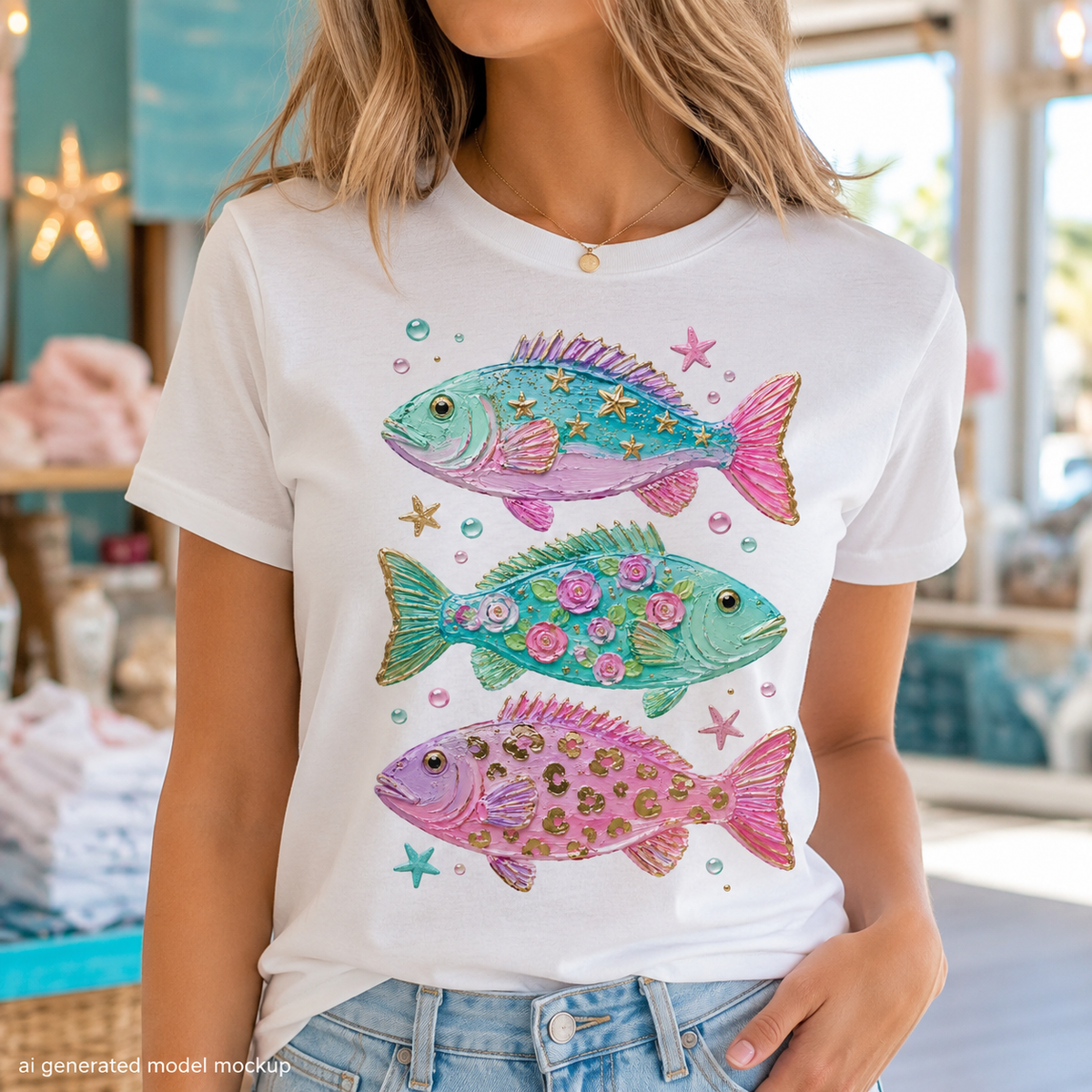 White t-shirt with three stylized fish in vibrant colors and patterned designs.