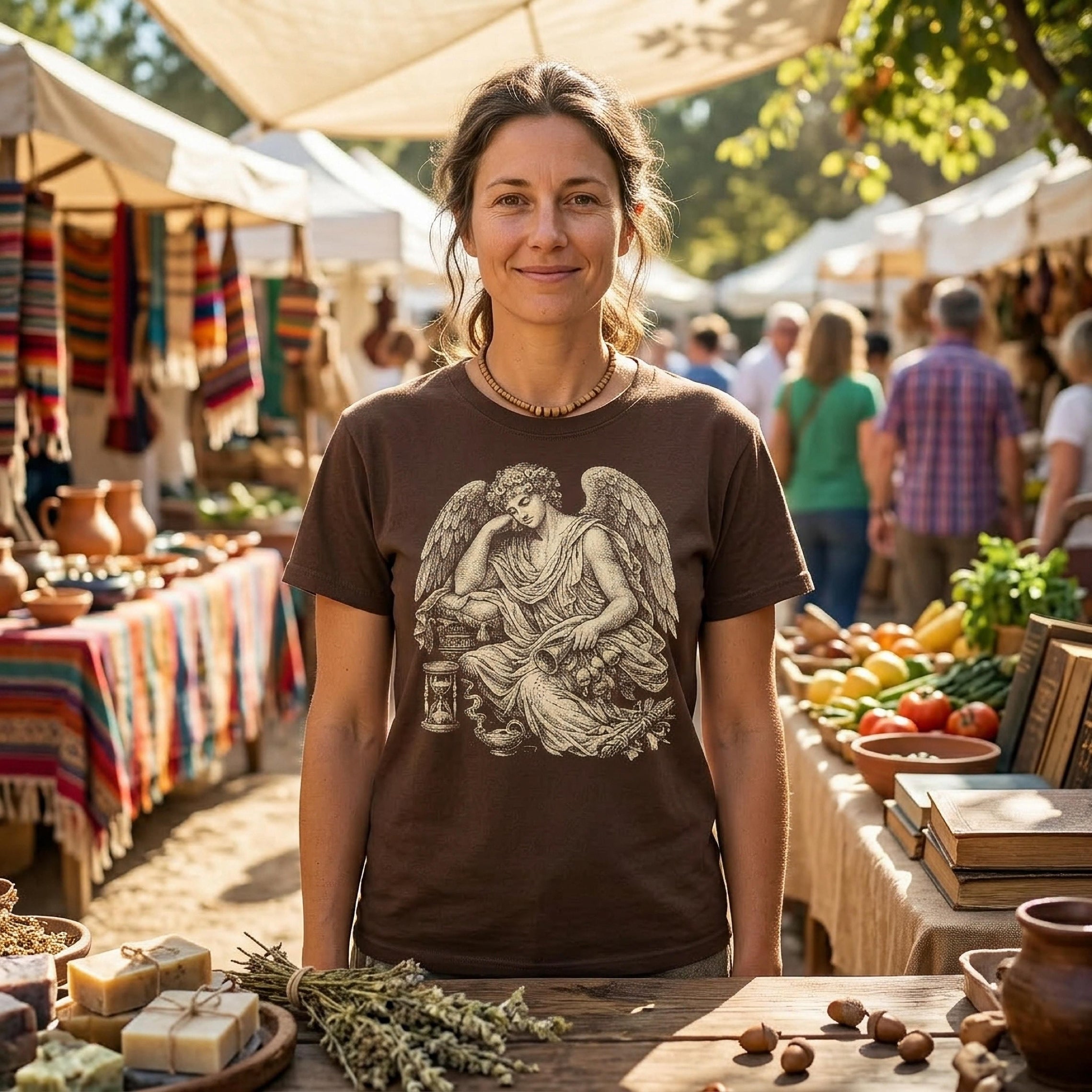 Woman wearing a brown t-shirt with an angel graphic, standing at a market stall.
