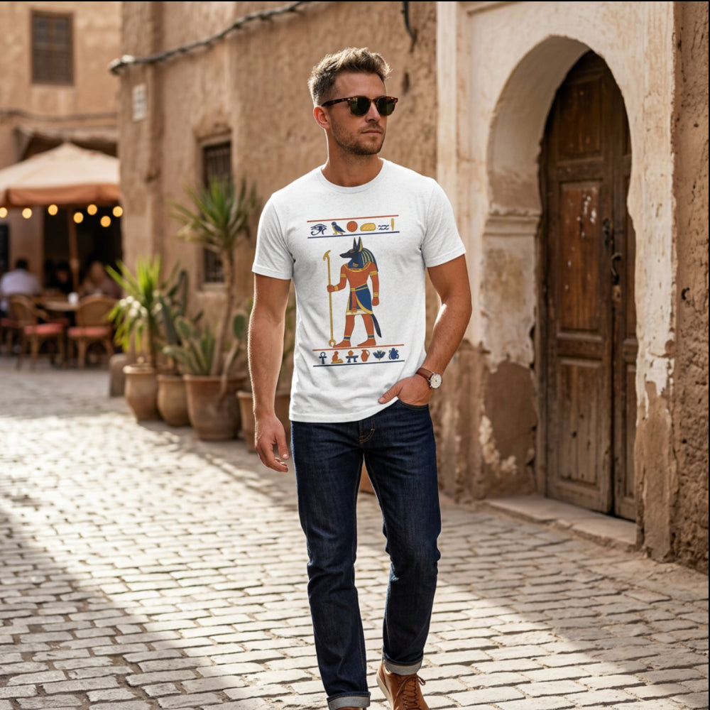 Man wearing white t-shirt with Egyptian god Anubis graphic, walking outdoors.