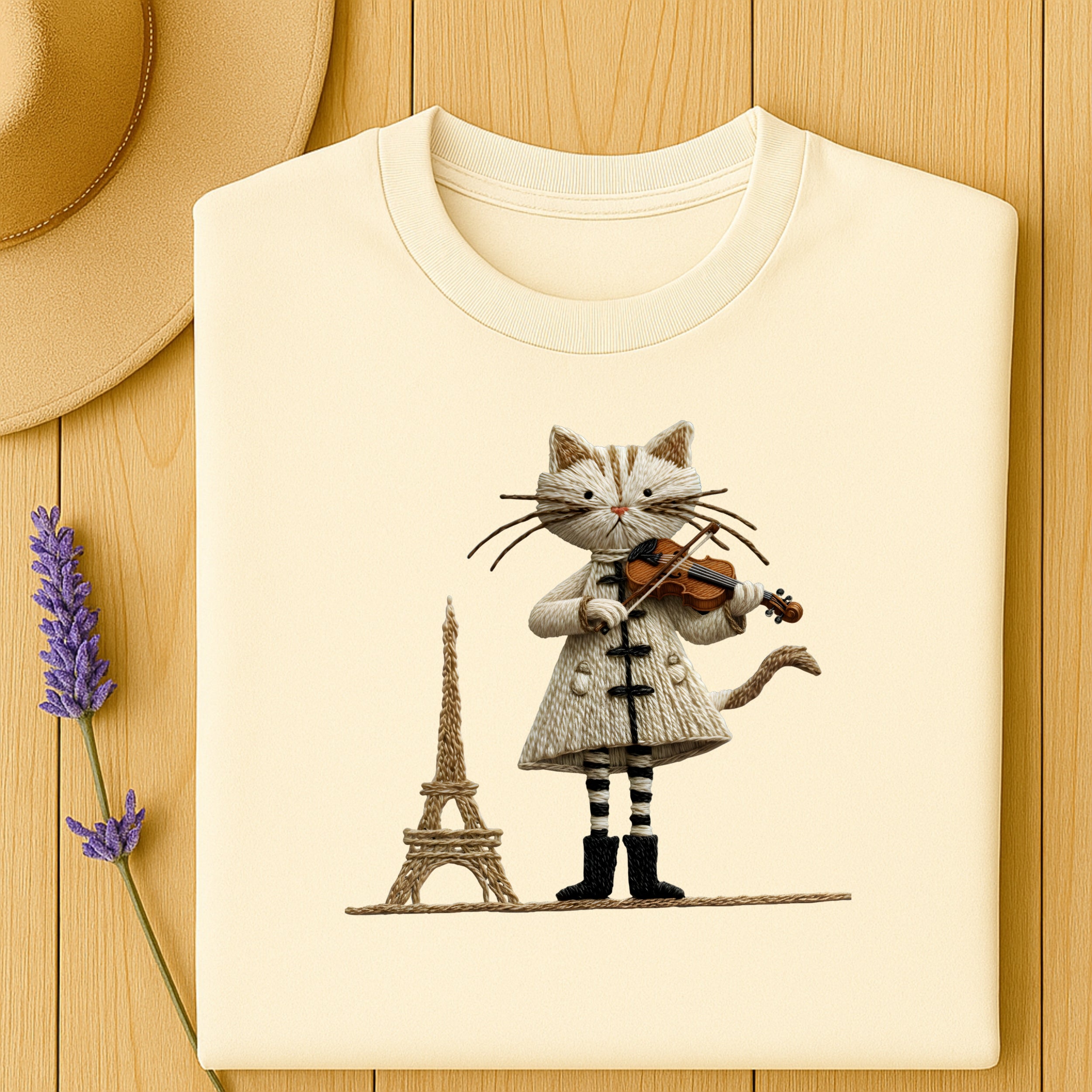 Cute Cat With Violin And Eiffel Tower Graphic Shirt