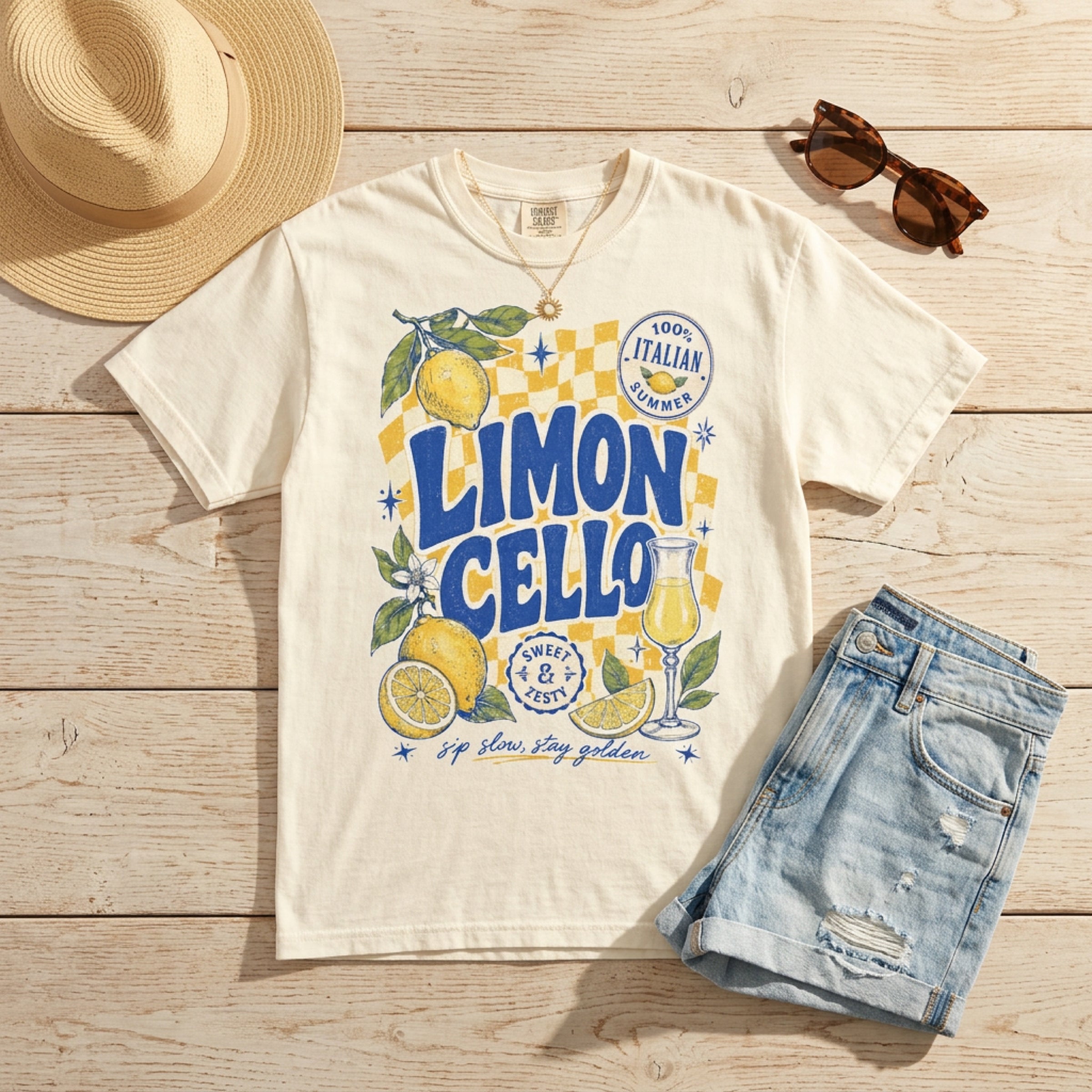 Cream t-shirt with "Limon Cello" and Italian summer graphic.