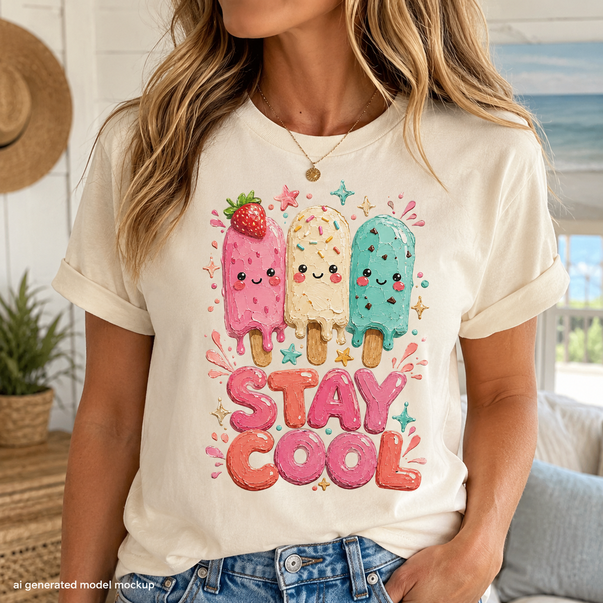Cream t-shirt with three smiling popsicles and the text "STAY COOL".