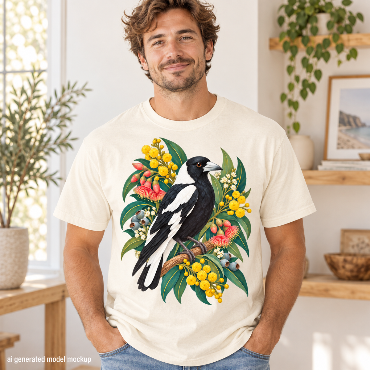 Cream t-shirt featuring a black and white bird perched on a branch with colorful Australian flora.