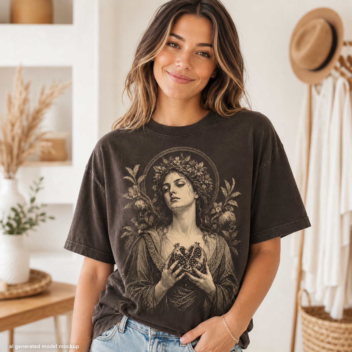 Dark t-shirt with a vintage-style illustration of a crowned woman holding a pomegranate.