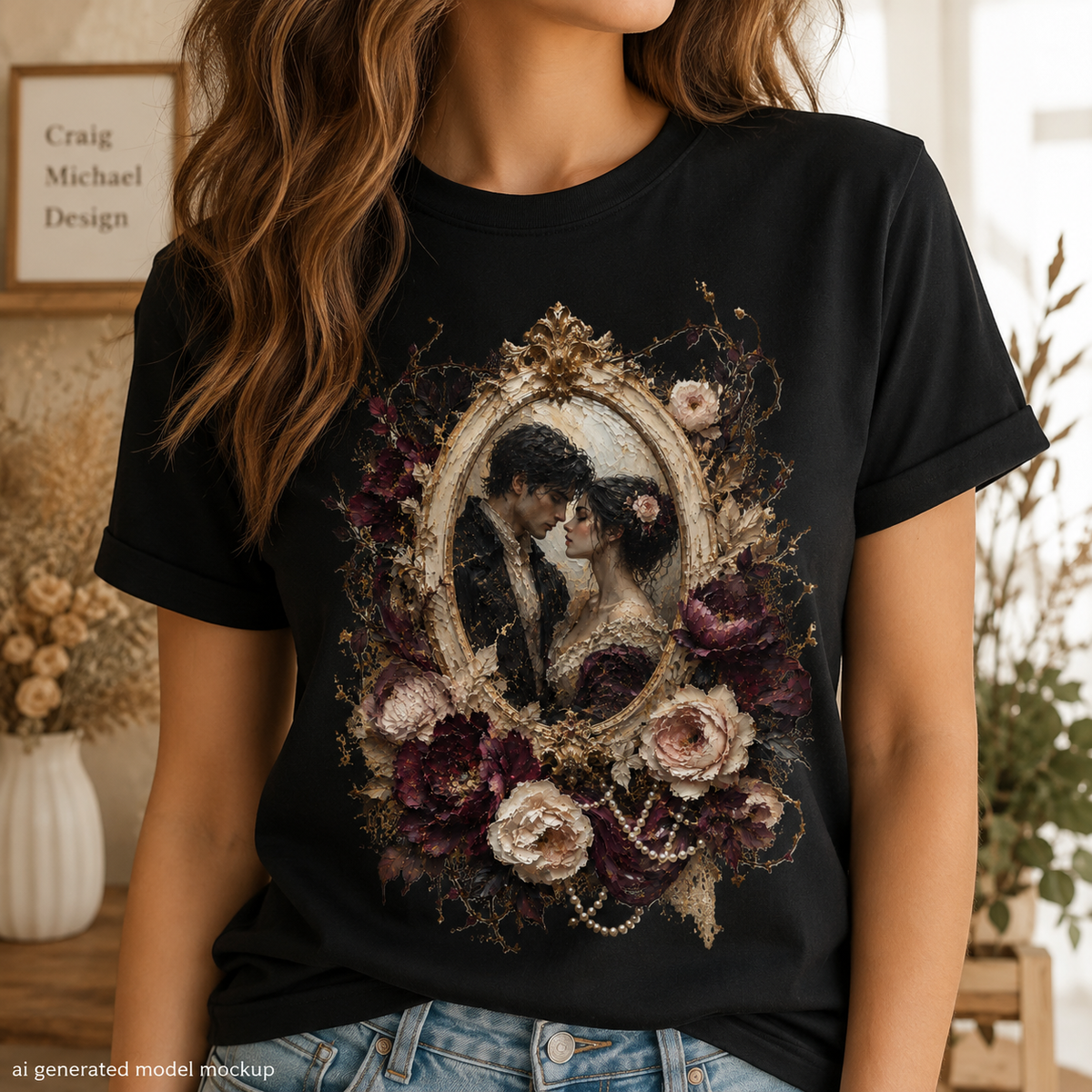 Black t-shirt with an oval frame featuring a couple and floral ornamentation.