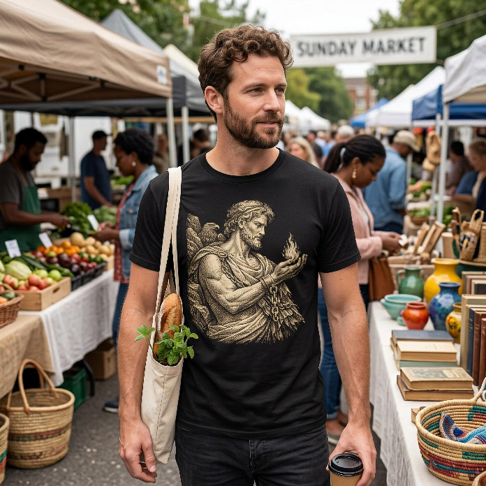 Man wearing a black t-shirt with a classical illustration and carrying a tote bag.