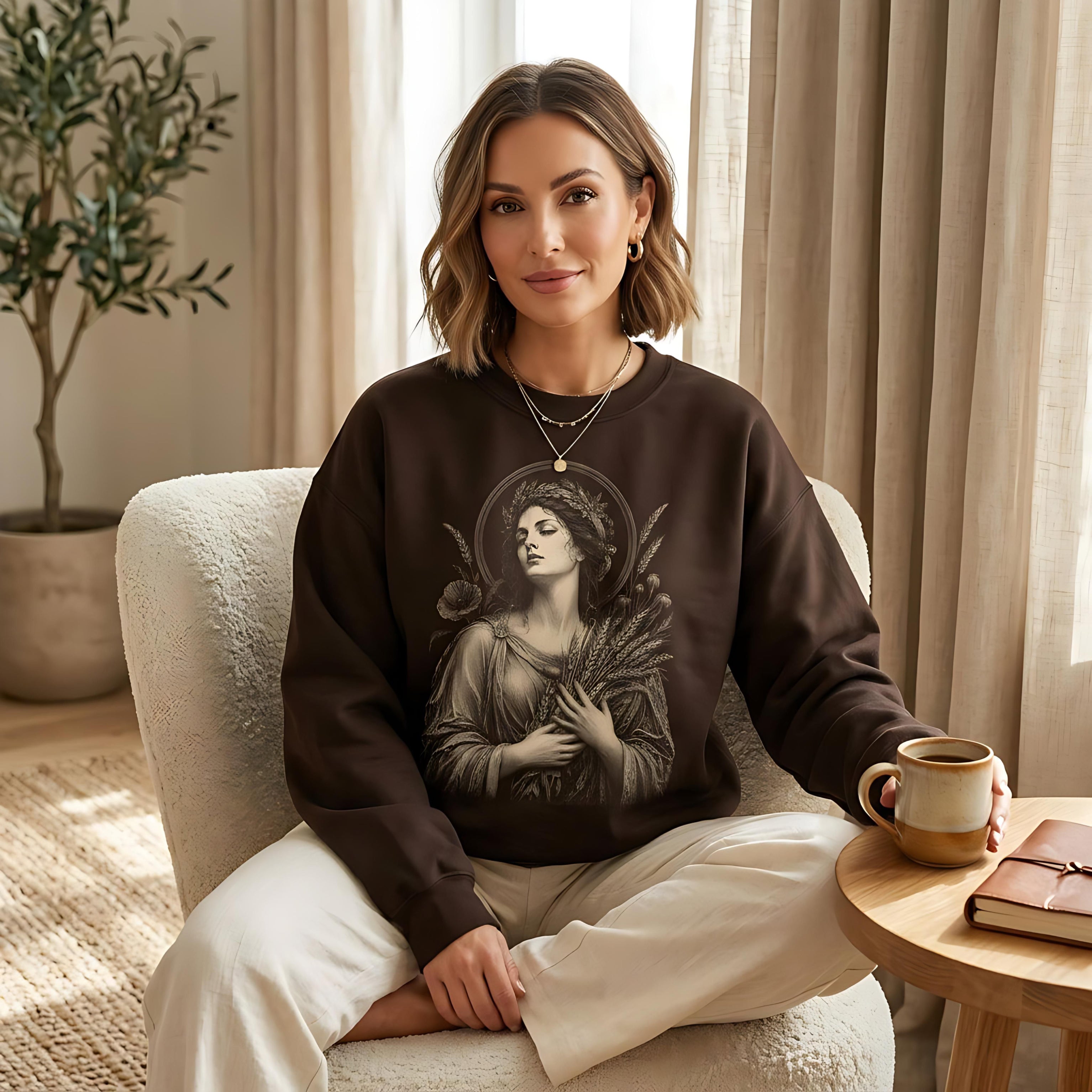 Woman wearing brown graphic sweatshirt with wheat and goddess artwork.