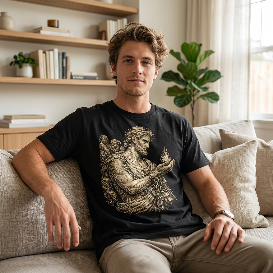 Man wearing black t-shirt with gold illustration of a classical figure holding fire.