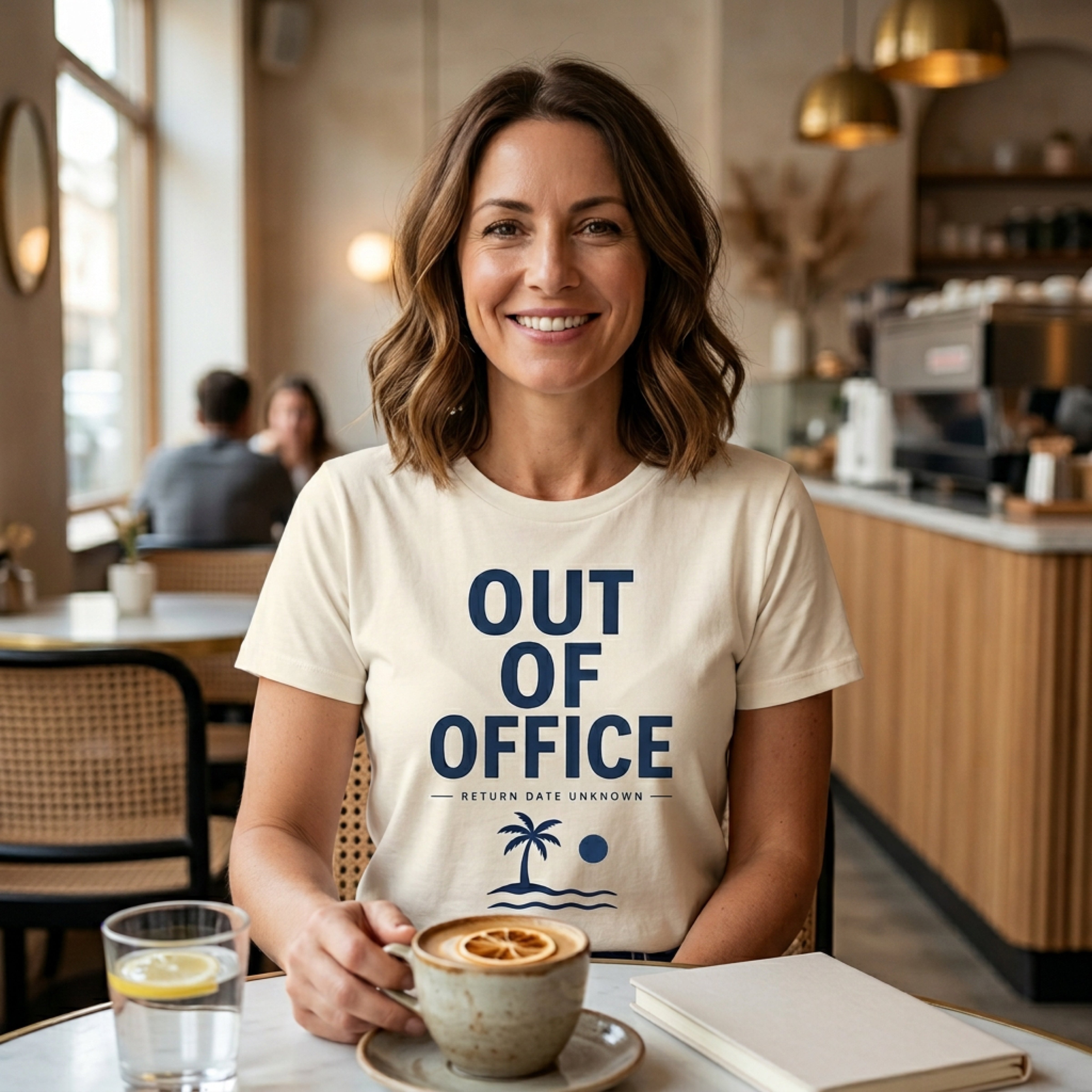 Woman in "Out of Office" t-shirt holding a coffee cup in a cafe.