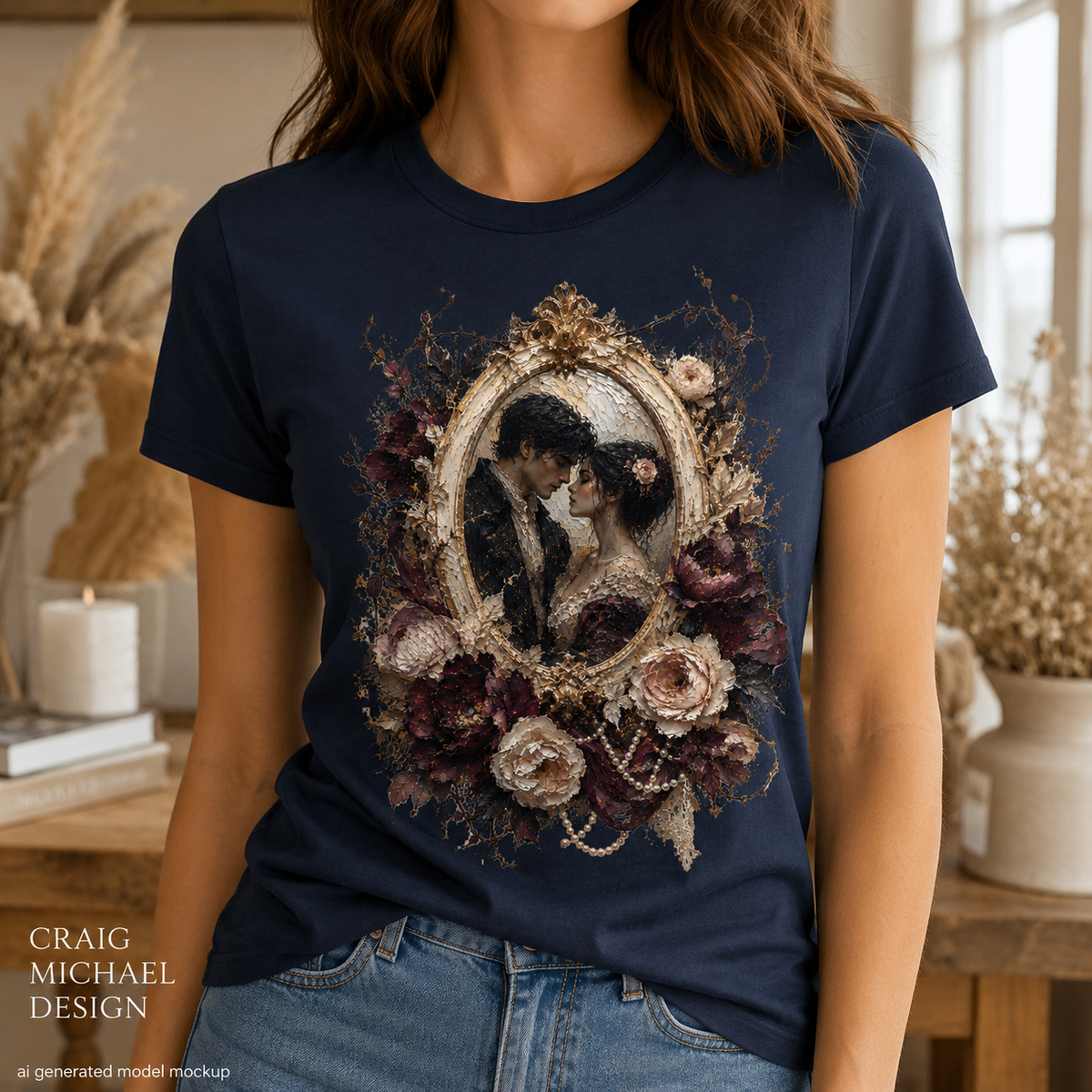 Dark blue t-shirt with oval portrait of couple in ornate floral frame.