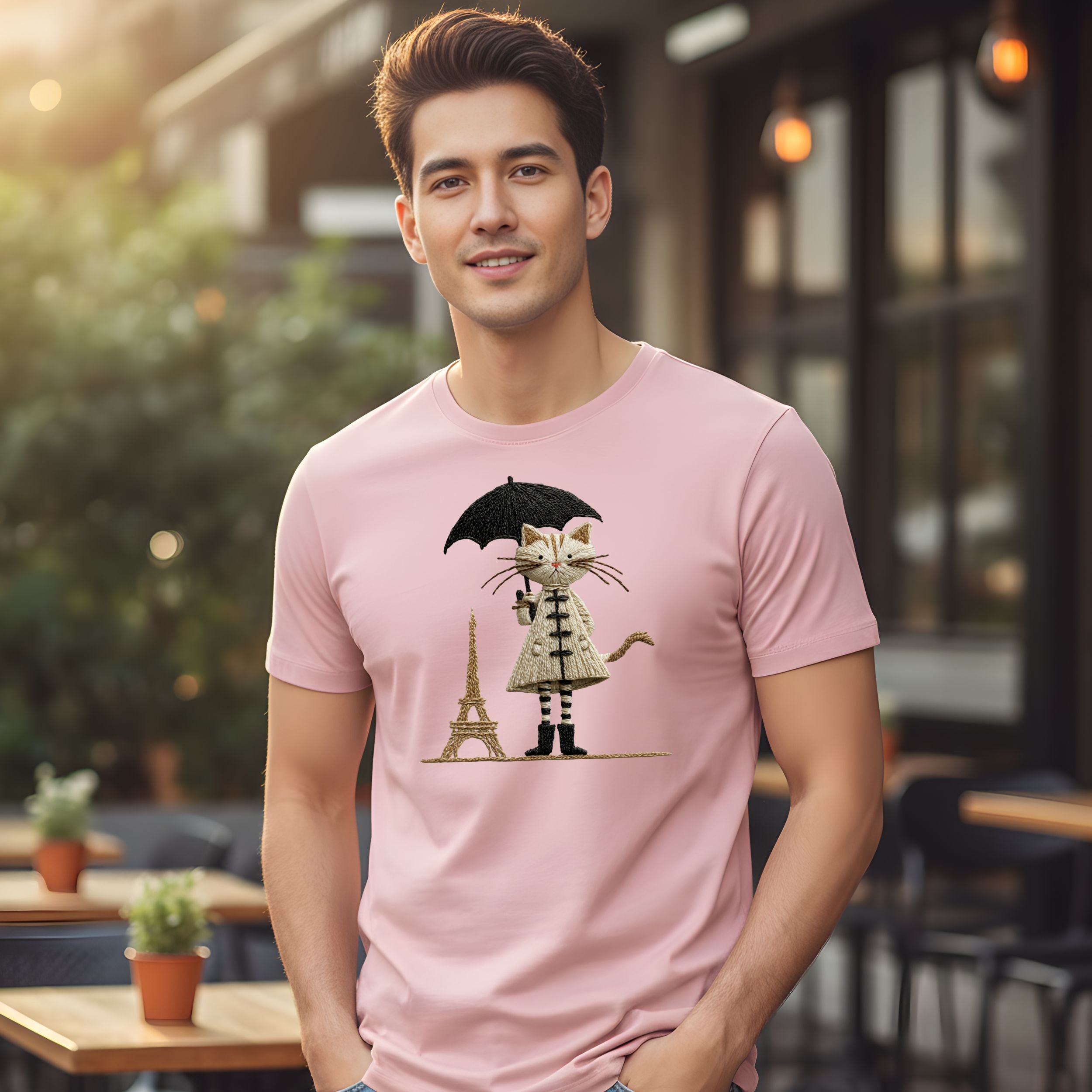 Stylish Cat with Umbrella and Eiffel Tower Graphic Tee