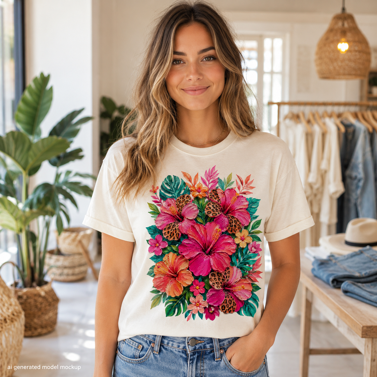 Cream t-shirt with vibrant floral and leopard print design.
