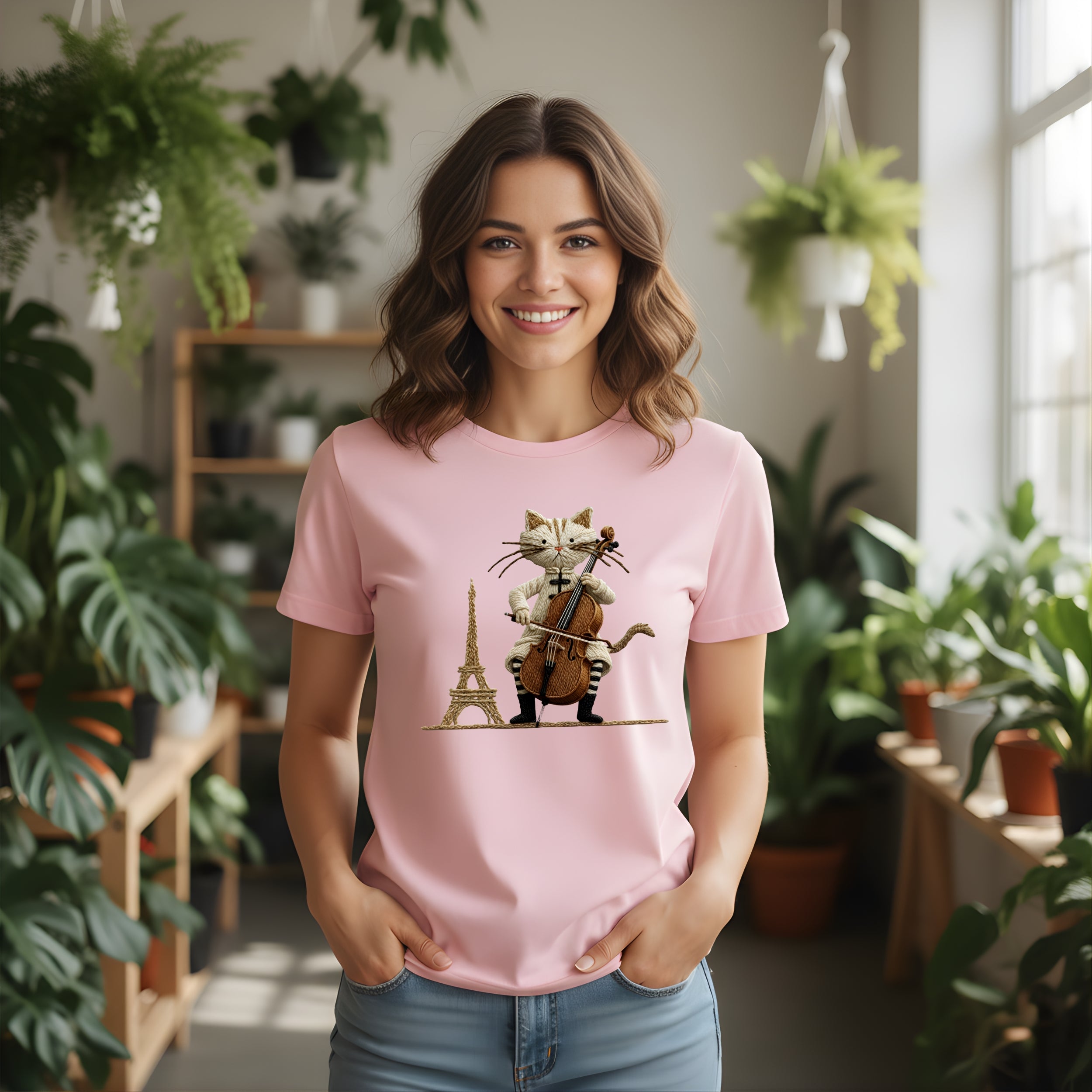 Pink T-Shirt with Cat and Eiffel Tower Design product