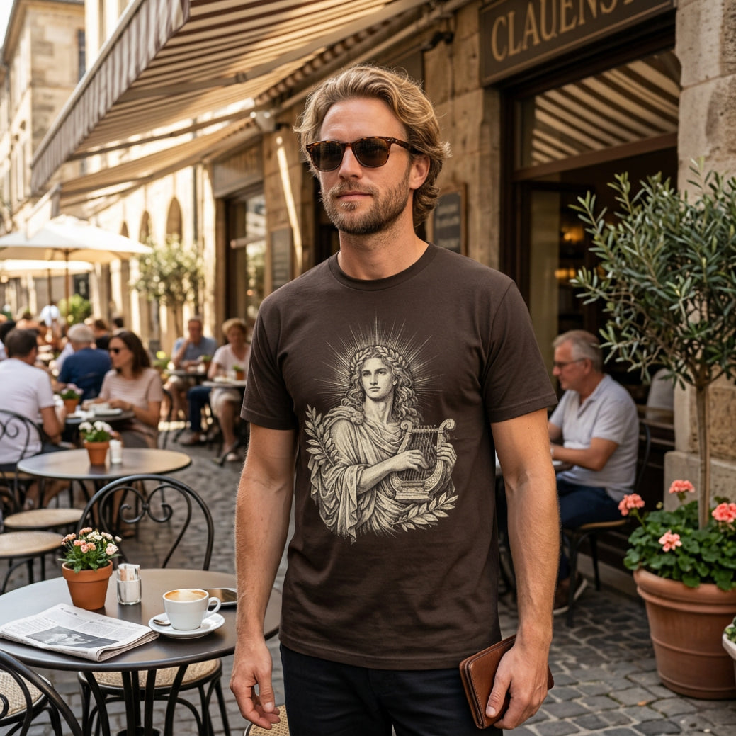 Man wearing brown t-shirt with ancient figure playing lyre design.