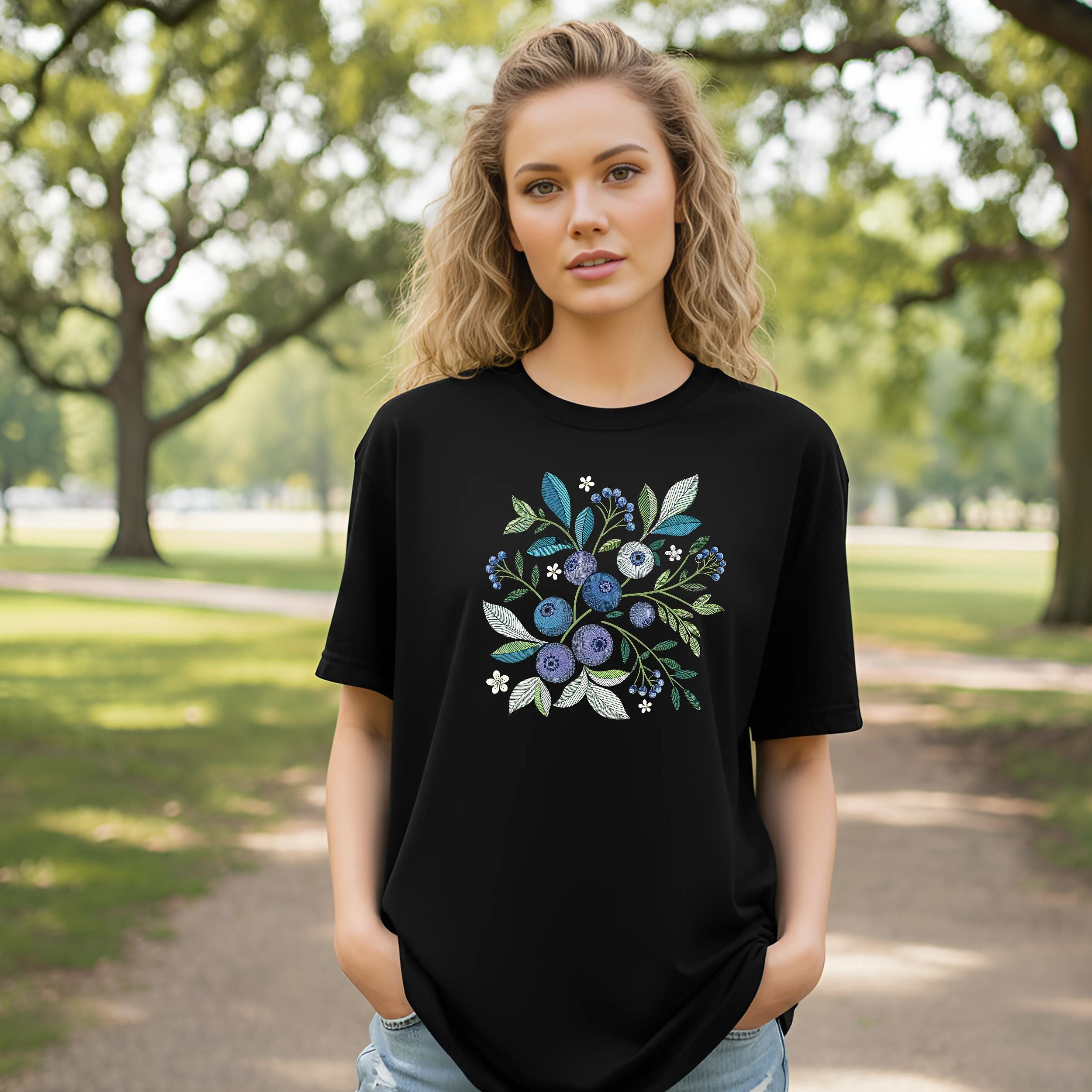 Black T-Shirt with Blueberry Floral Design Shirt