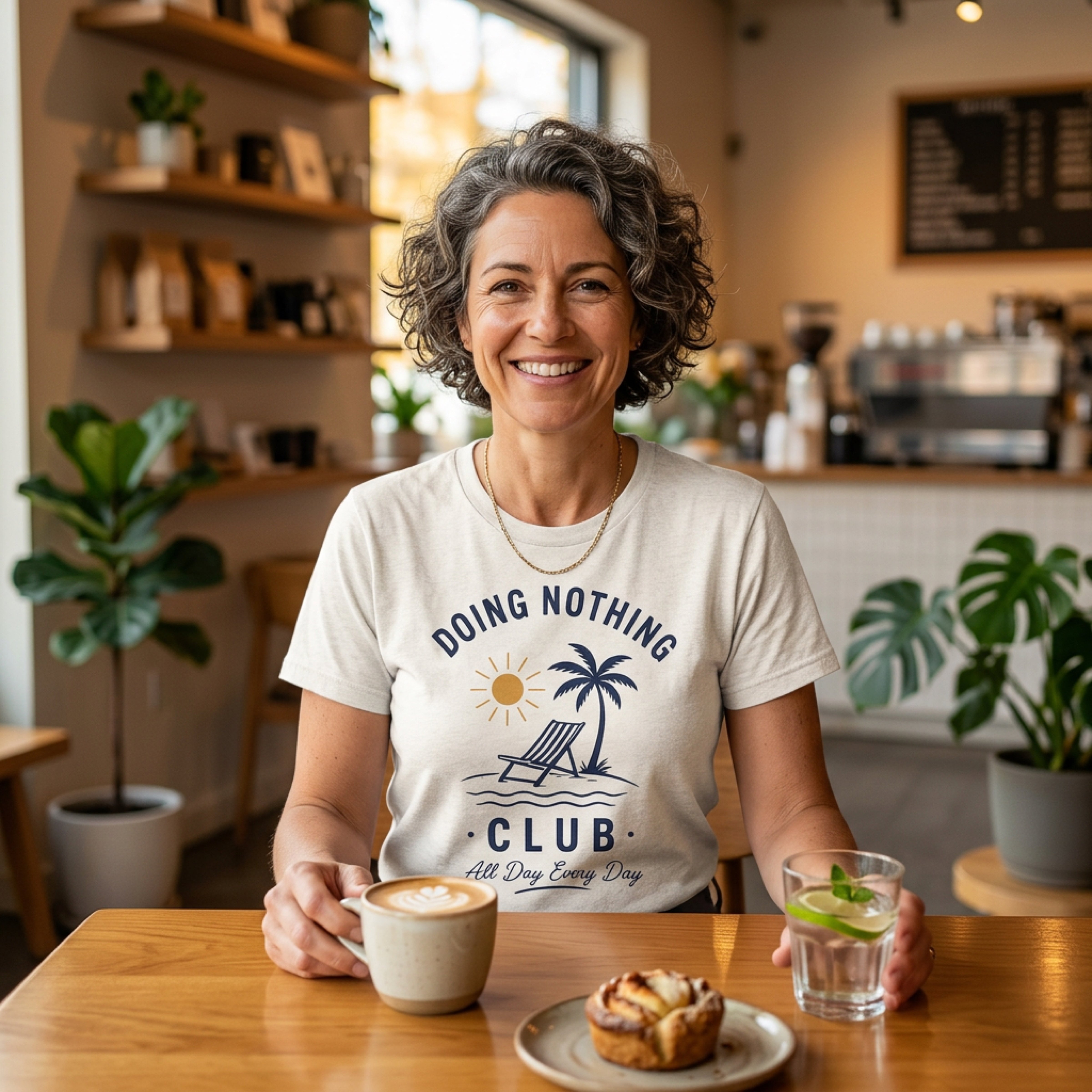 Woman in "Doing Nothing Club" t-shirt holding a coffee cup with a pastry.