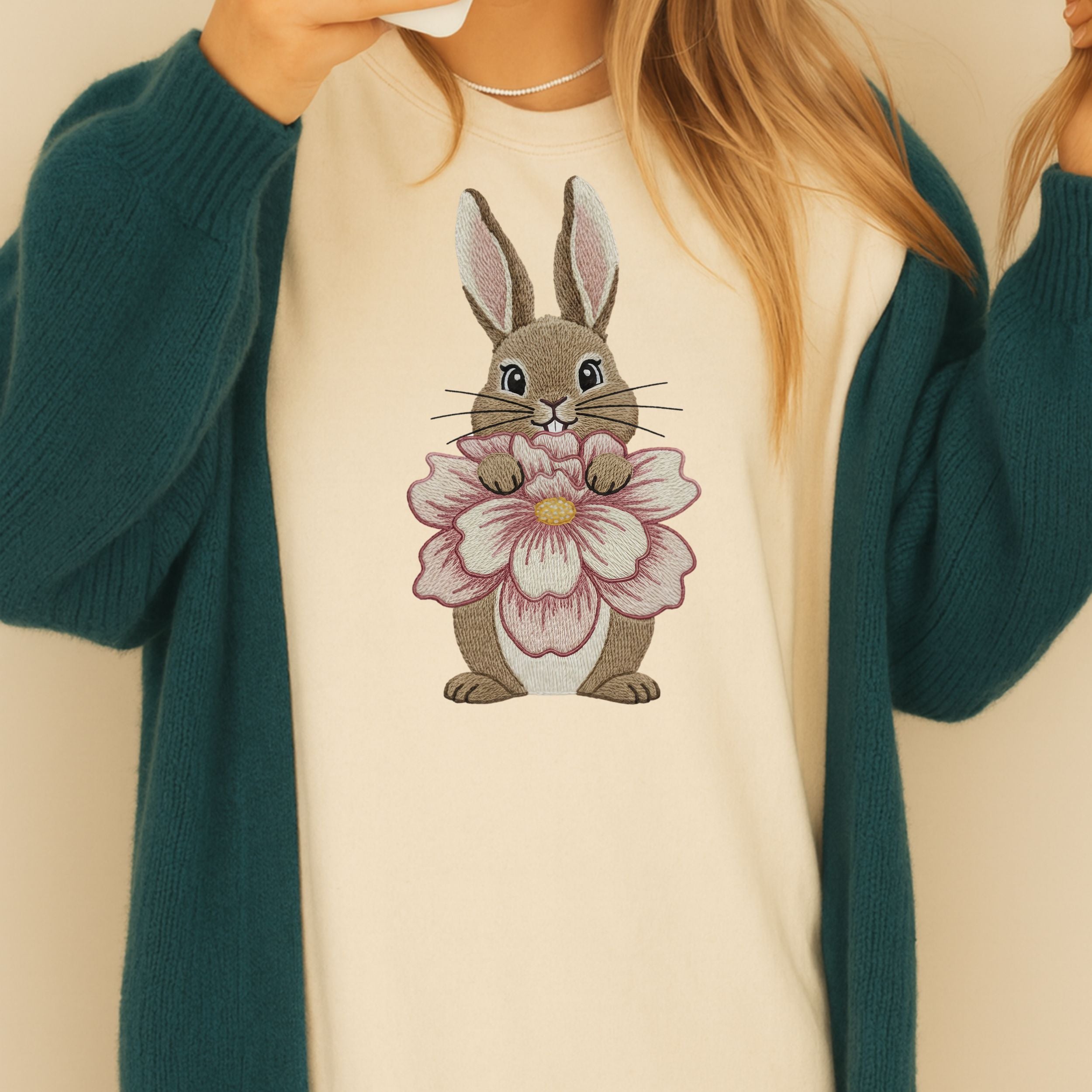 Adorable Bunny with Pink Flower Embroidery Shirt