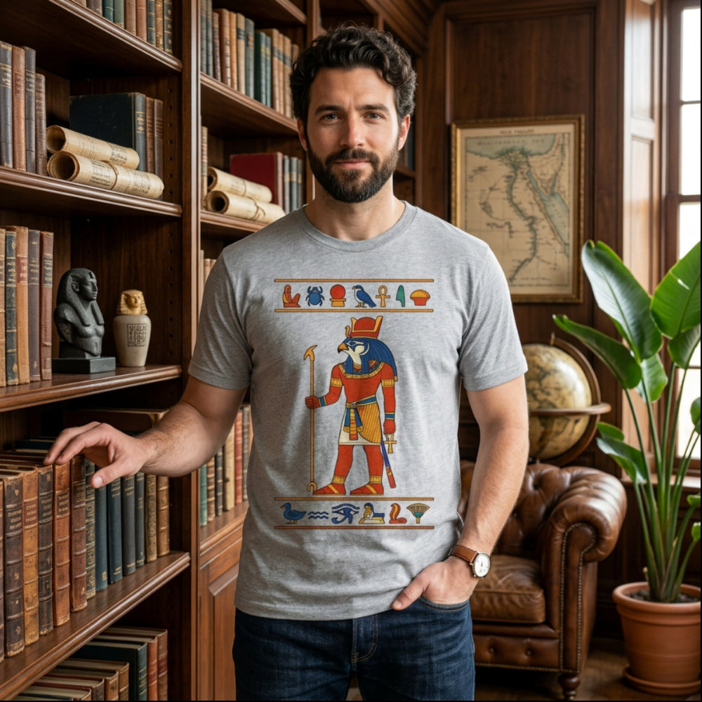 Man wearing grey t-shirt with Egyptian hieroglyphic design.