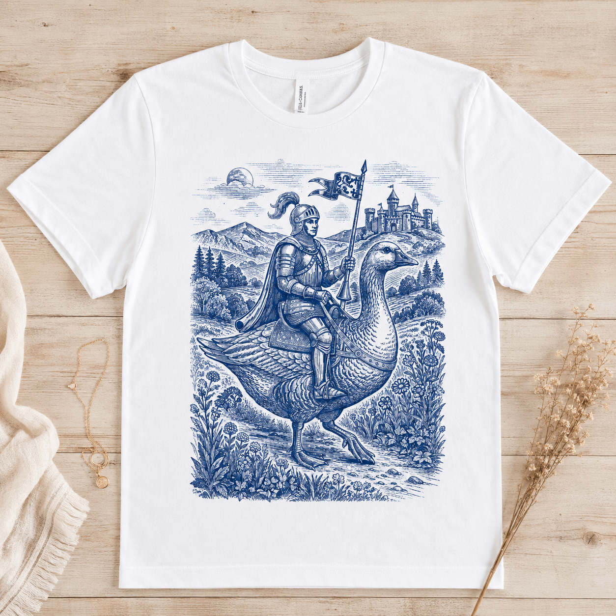 Knight in armor riding a goose with a flag, medieval castle background.