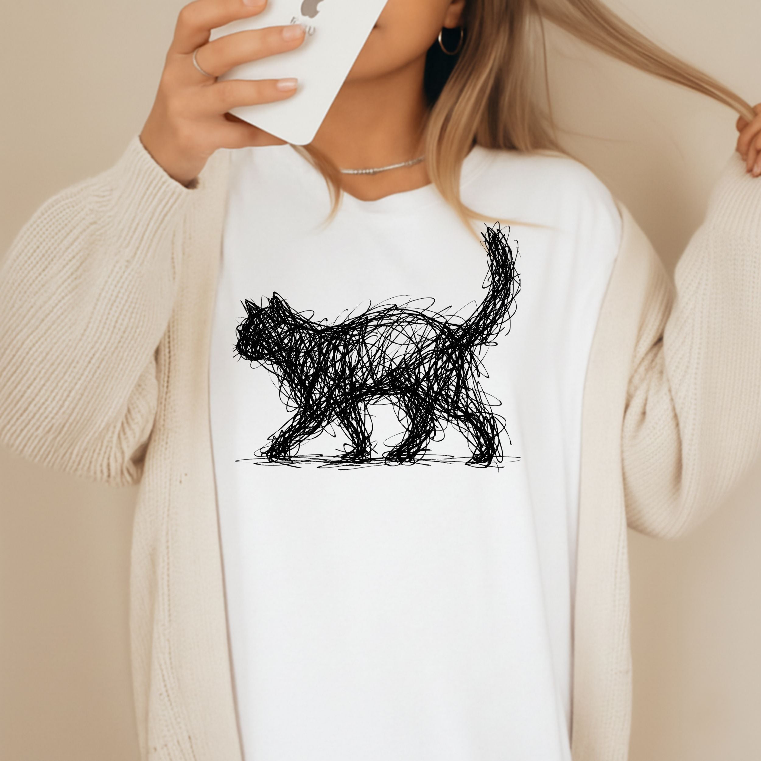 Scribble Sketch Cat Graphic on White T-Shirt