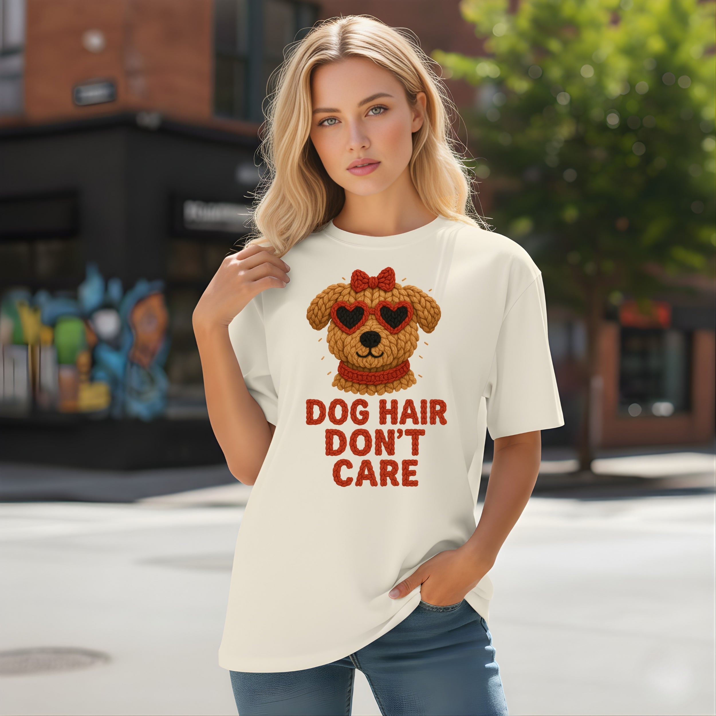 Woman wearing a cream t-shirt with "DOG HAIR DON'T CARE" graphic.
