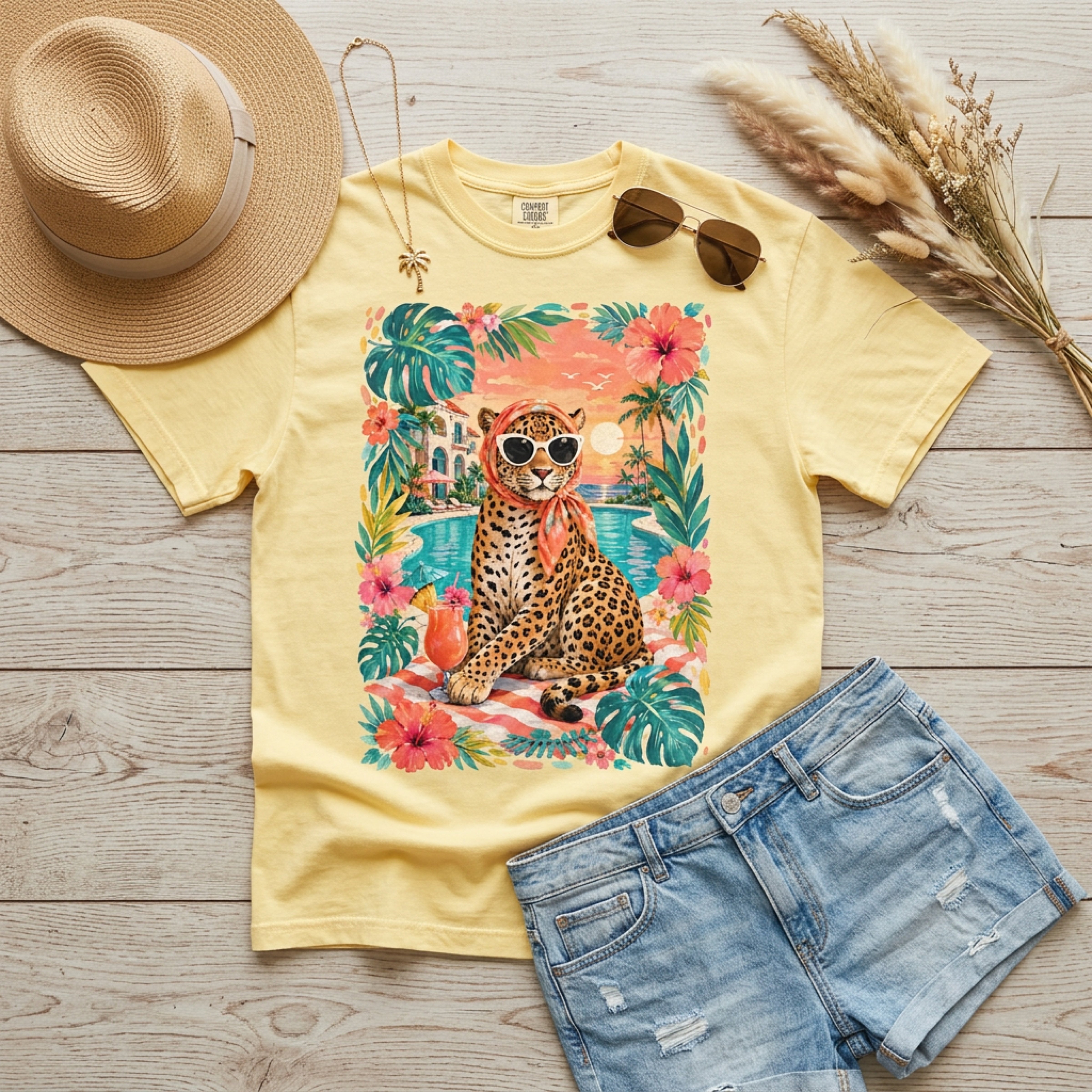 Yellow t-shirt with a leopard wearing sunglasses by a pool.