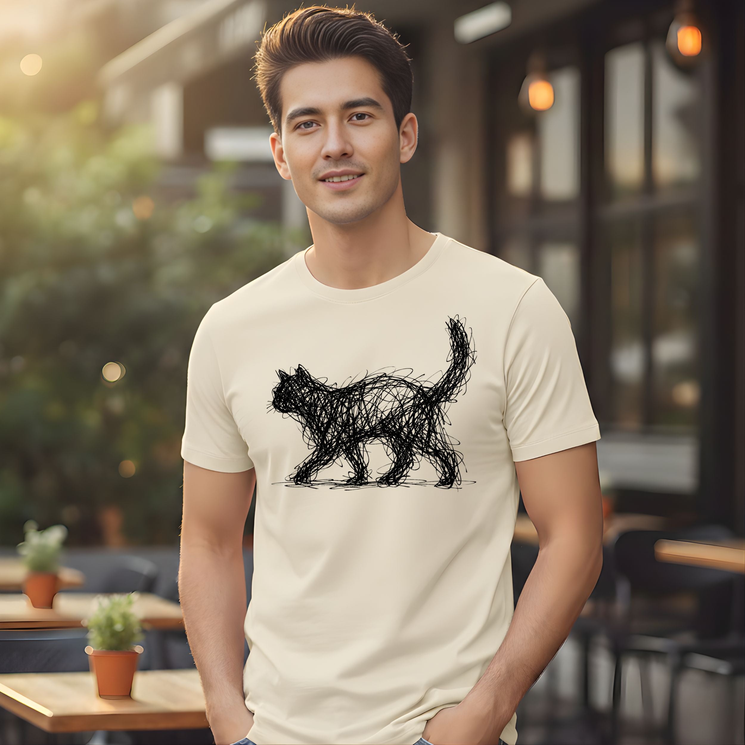 Abstract Cat Illustration on Casual T-Shirt Design