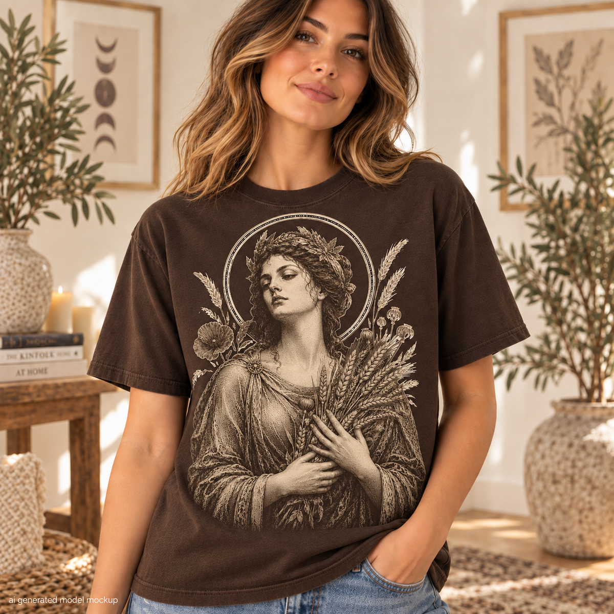Brown t-shirt with vintage goddess and wheat illustration.