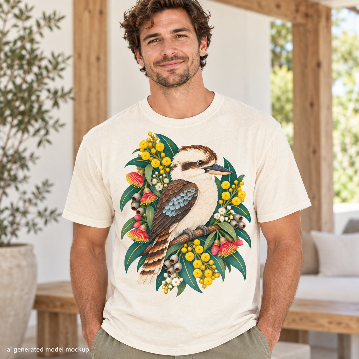 Kookaburra perched on a branch surrounded by Australian native flora on a cream t-shirt.