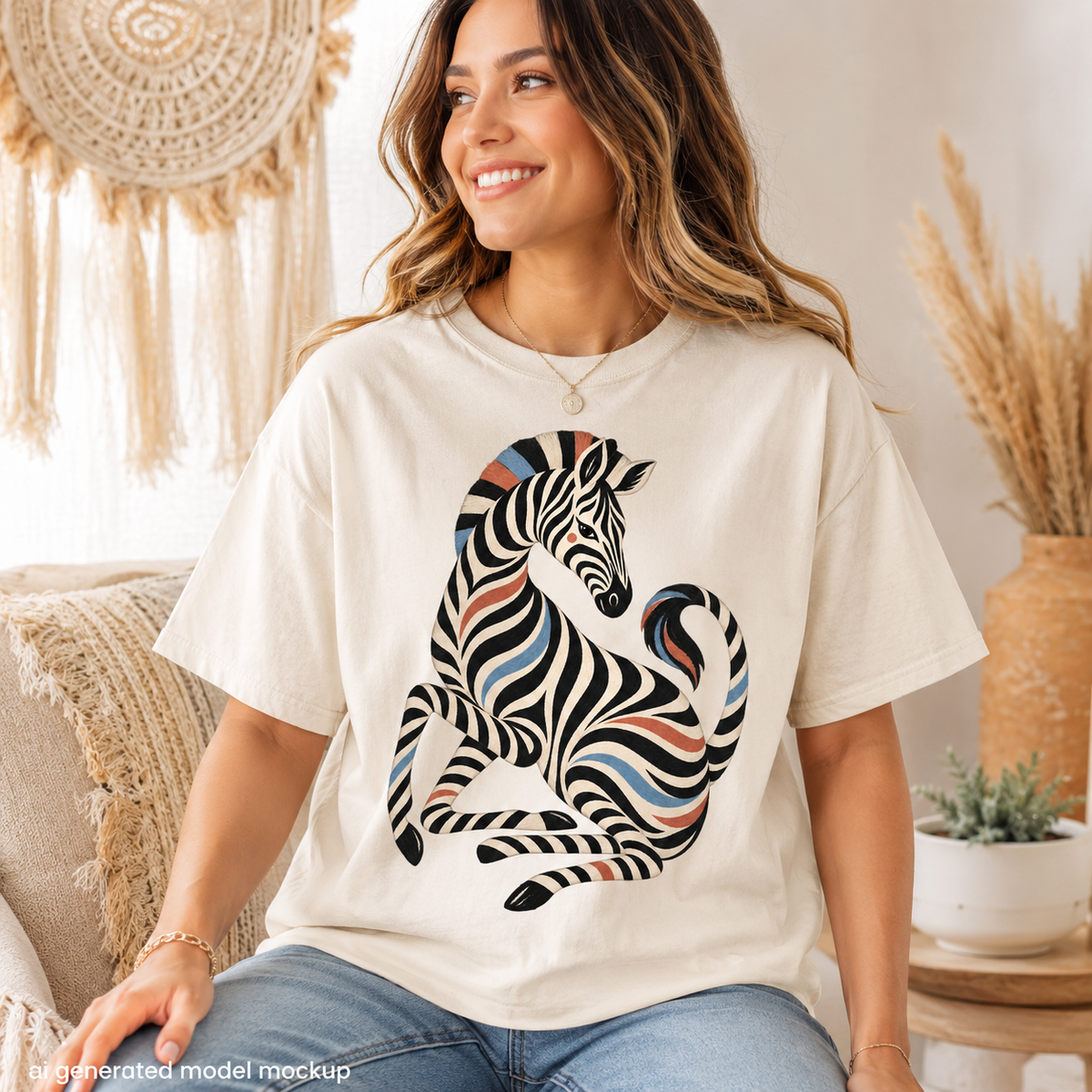T-shirt with abstract zebra graphic in black, white, blue, and red stripes.