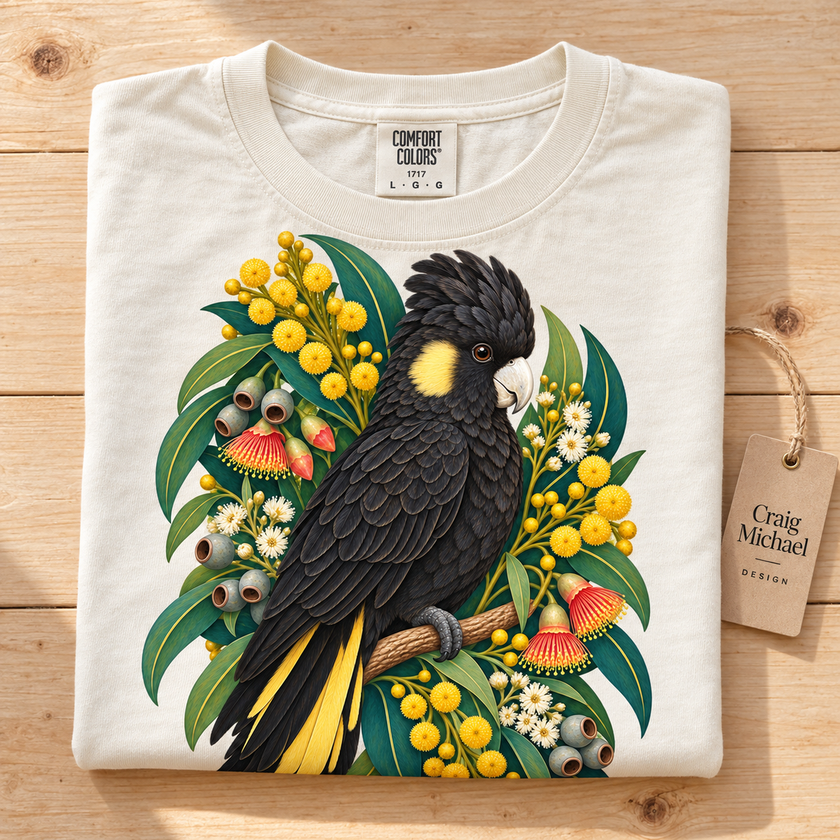 T-shirt with yellow-tailed black cockatoo and Australian wildflowers design.