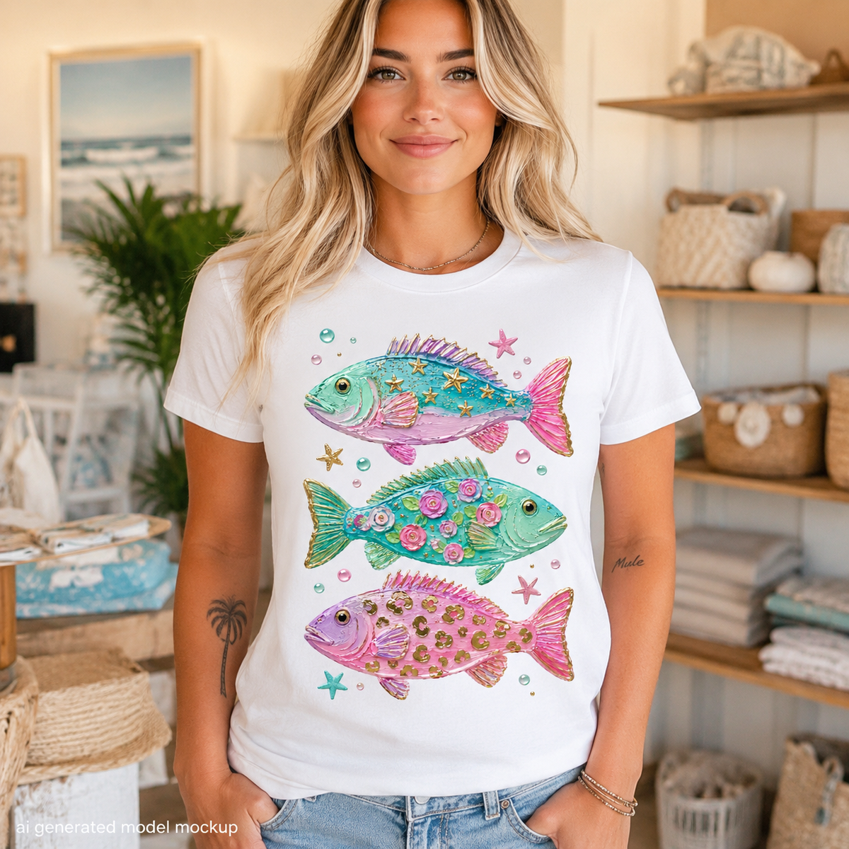 White t-shirt with three colorful fish graphic featuring stars, flowers, and glitter.