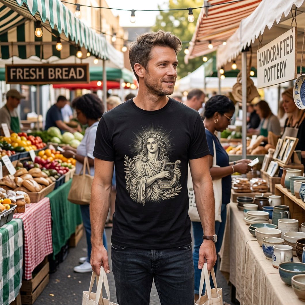 Man in black t-shirt with lyre-playing woman graphic, shopping at market.