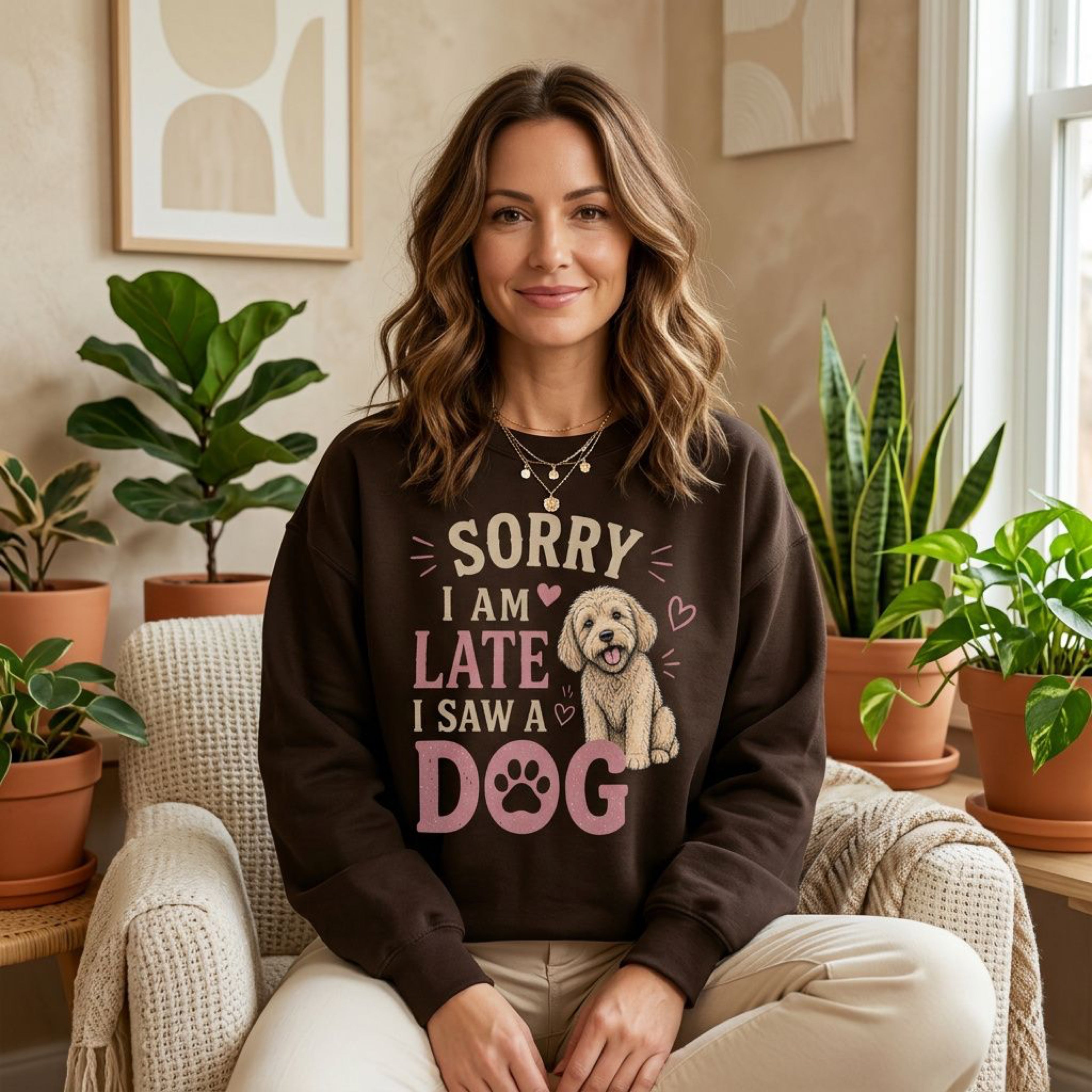 Brown sweatshirt with "Sorry I am late I saw a dog" and dog graphic.