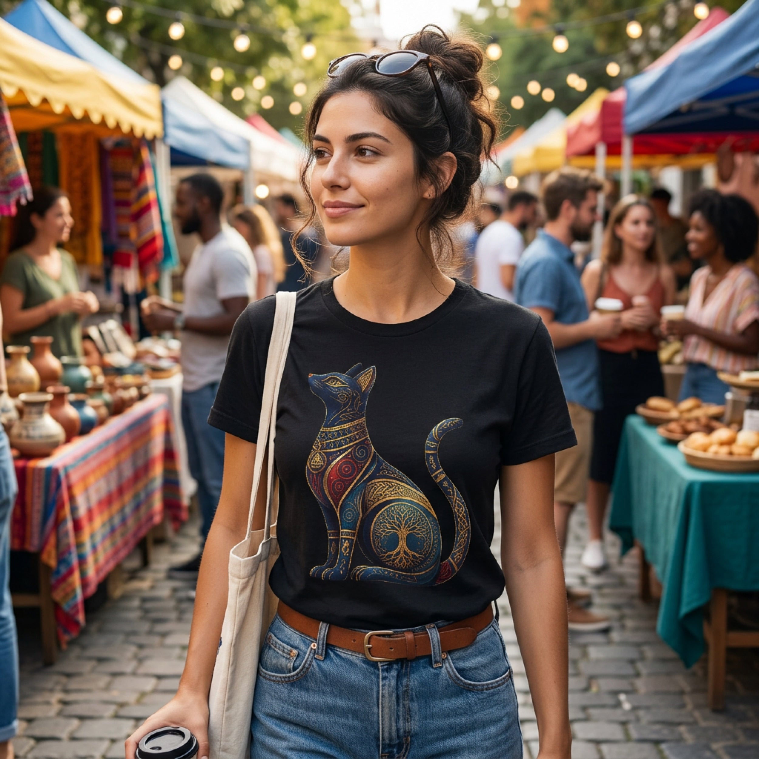 Woman in black t-shirt with colorful cat tree design holding coffee cup at outdoor market.