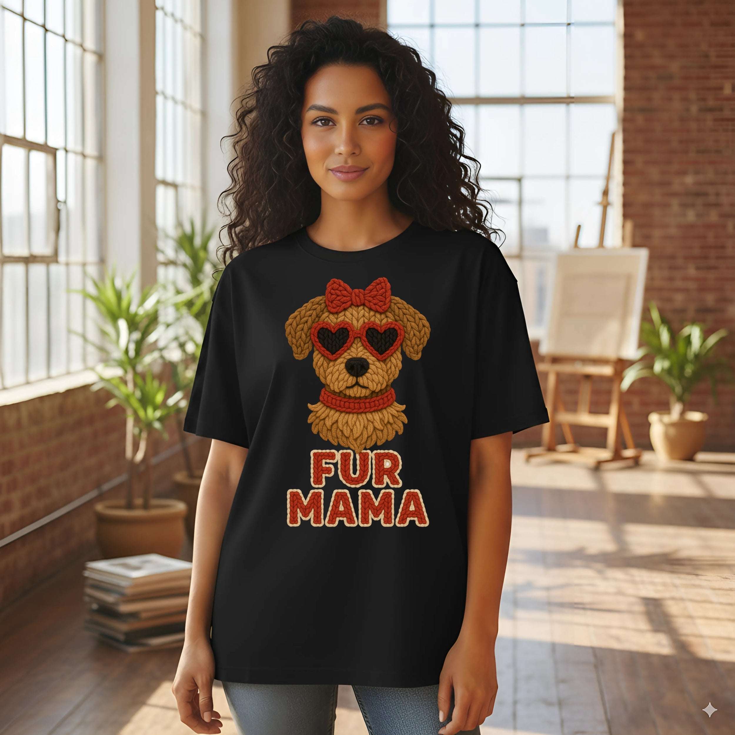 Black t-shirt with a dog wearing heart sunglasses and "Fur Mama" text.