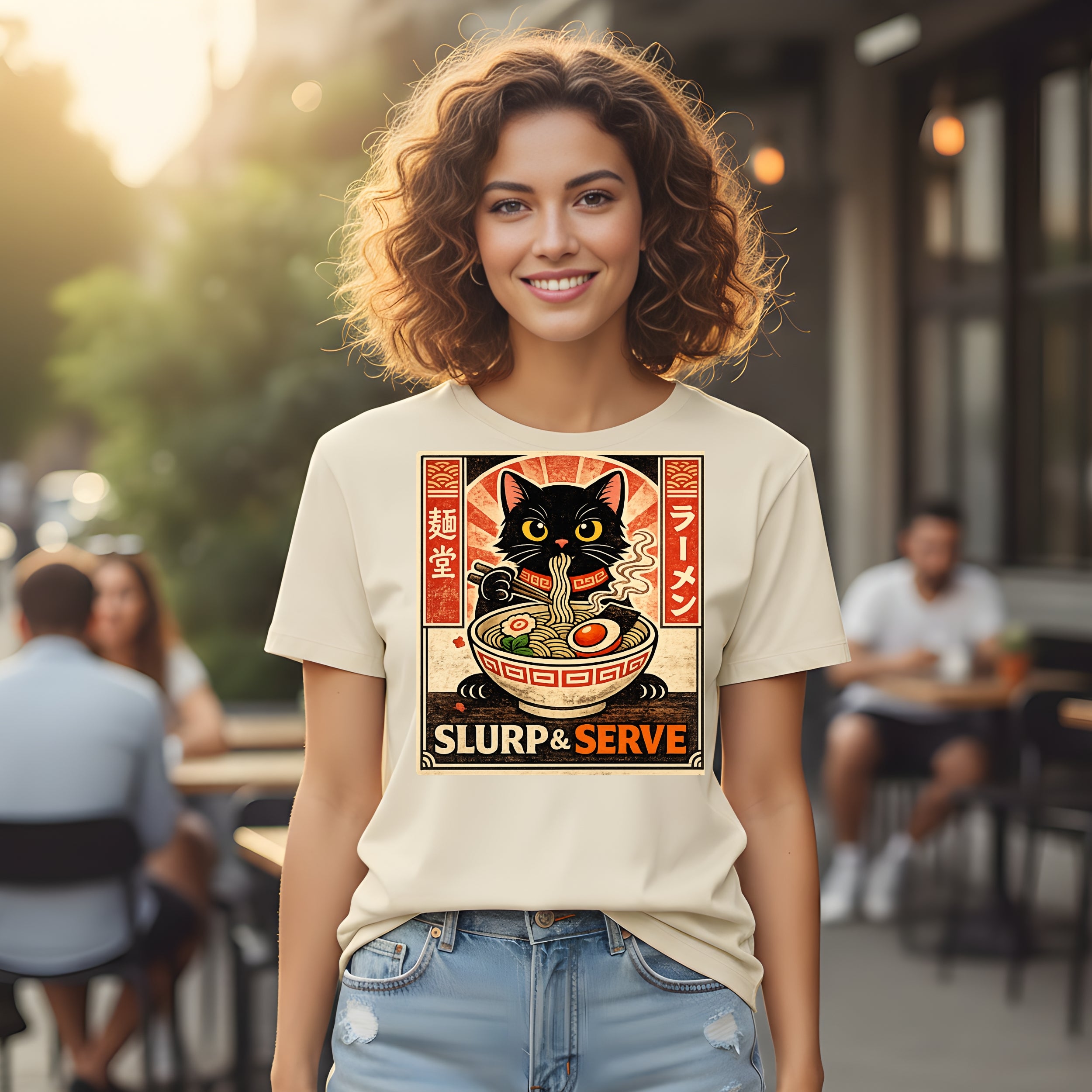 Slurp and Serve Ramen Cat Graphic Tee Shirt