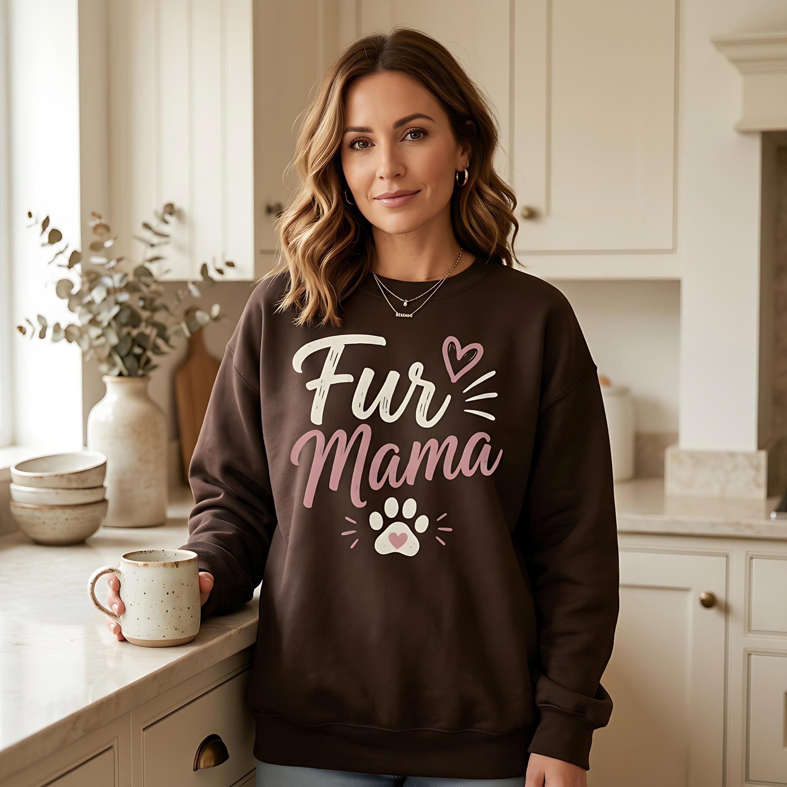 Woman wearing a brown "Fur Mama" sweatshirt holds a mug.