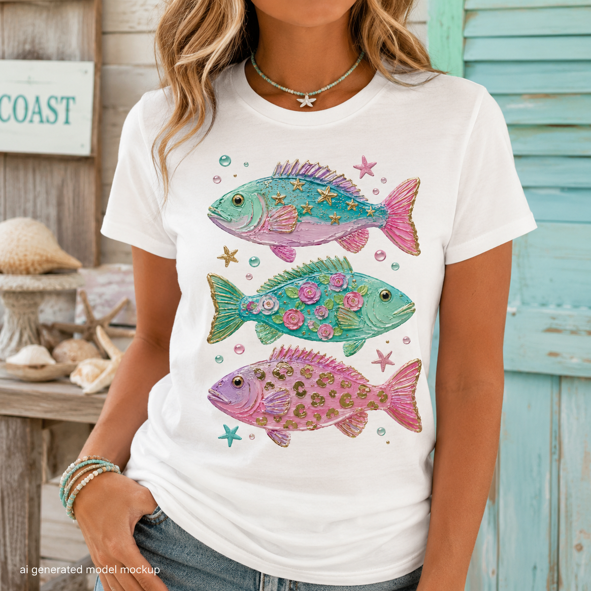 White t-shirt with a graphic of three colorful fish, starfish, and bubbles.