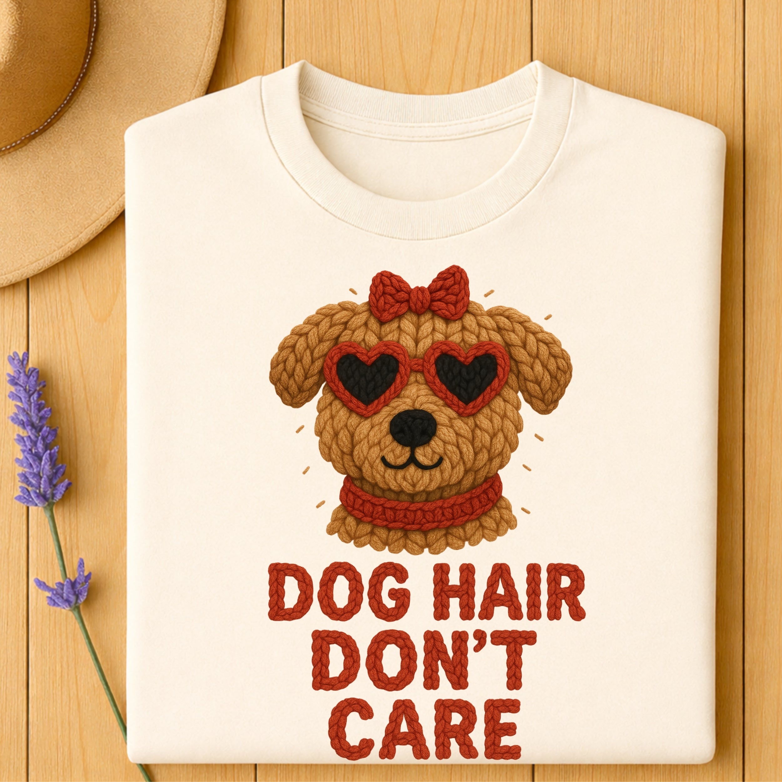 Cream t-shirt with a knitted dog wearing heart sunglasses and text "DOG HAIR DON'T CARE".