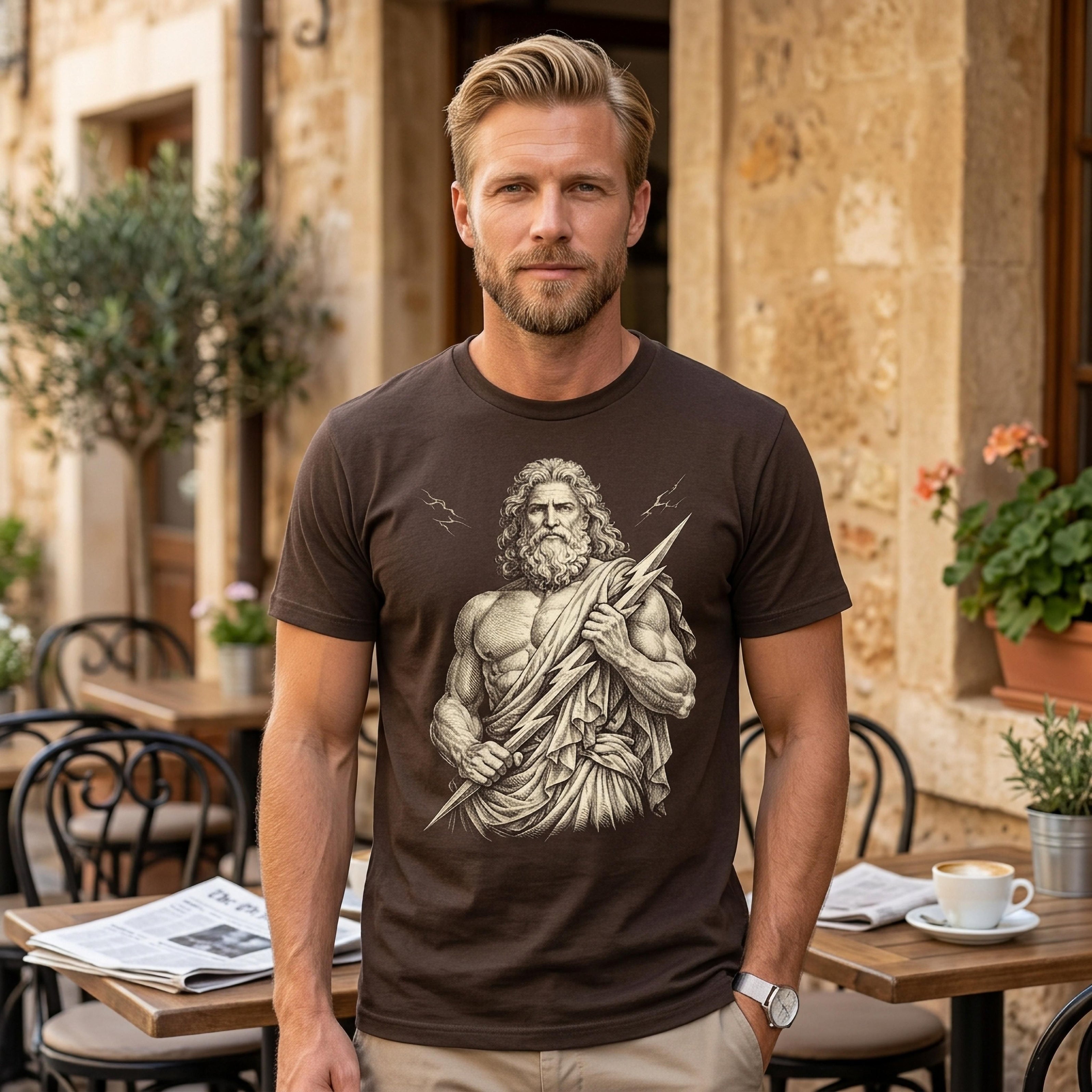 Man wearing brown t-shirt with Zeus graphic holding a lightning bolt.