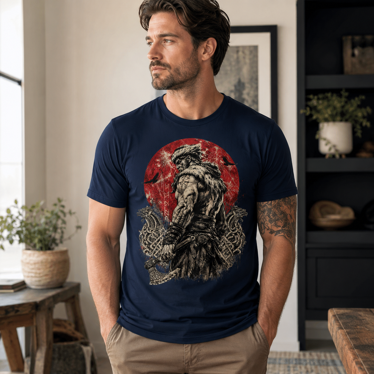 Navy t-shirt with Viking warrior graphic and red sun background.