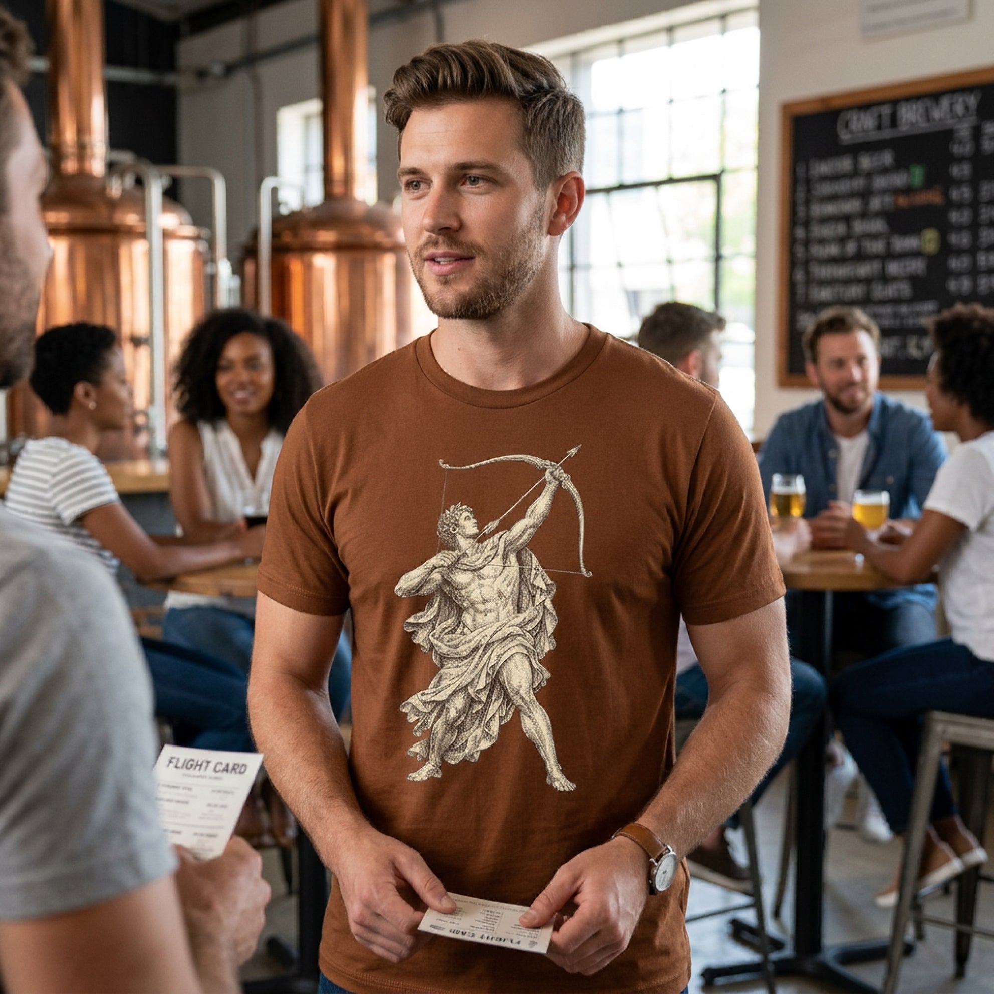 Man wearing brown t-shirt with Apollo graphic, holding two cards at a brewery.